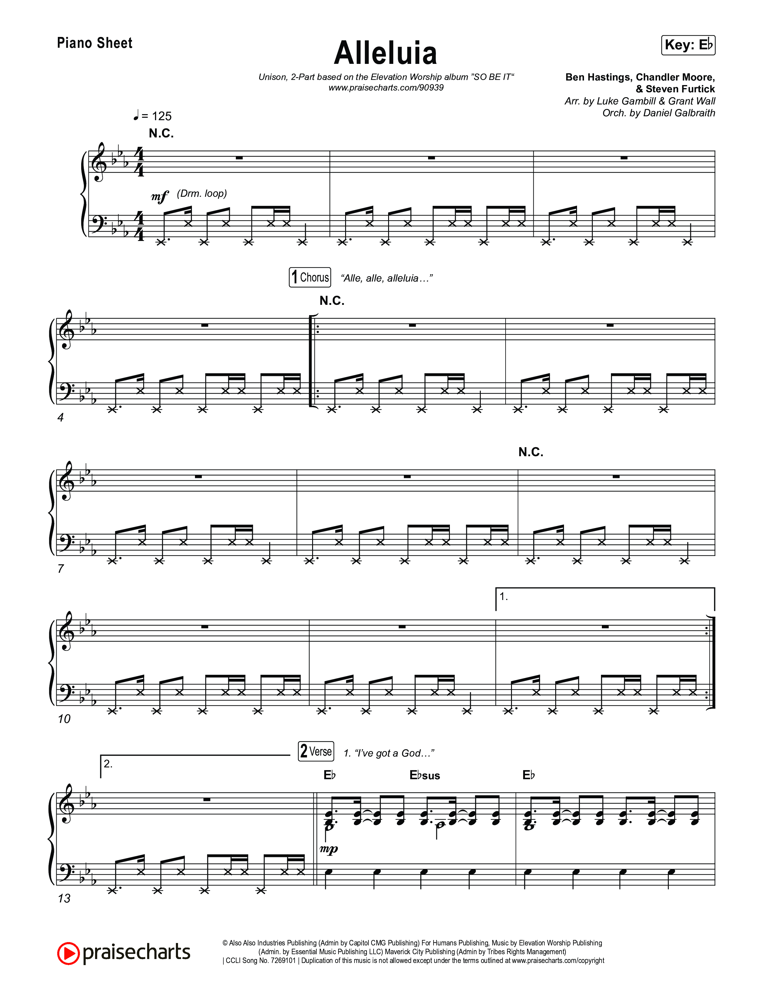Alleluia (Unison/2-Part) Piano Sheet (Elevation Worship / Chandler Moore / Chris Brown / Arr. Luke Gambill)