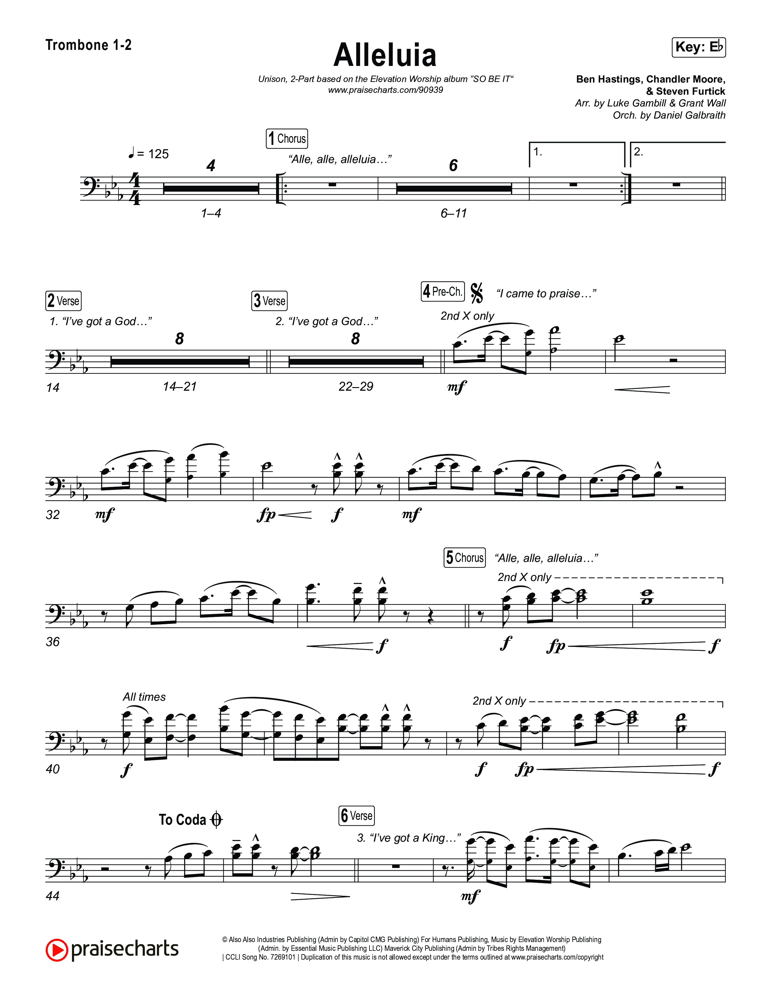 Alleluia (Unison/2-Part) Trombone 1/2 (Elevation Worship / Chandler Moore / Chris Brown / Arr. Luke Gambill)