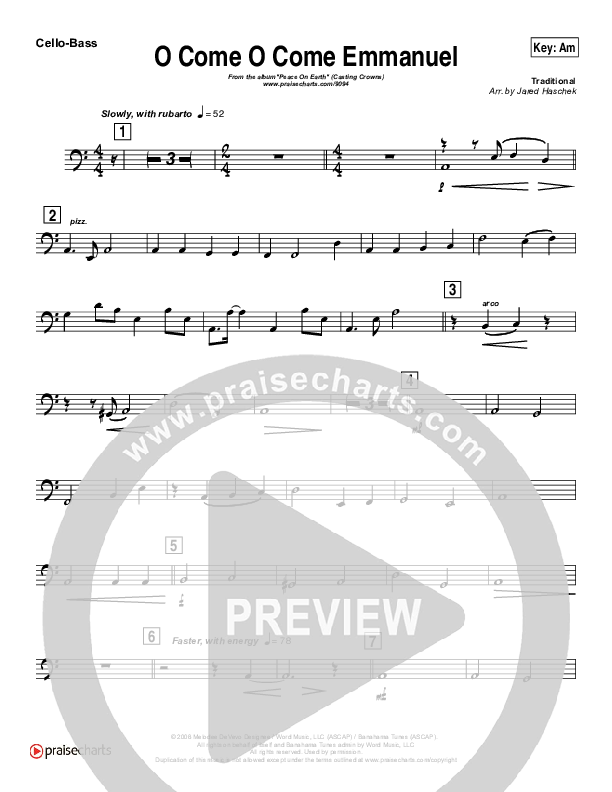 O Come O Come Emmanuel (Instrumental) Cello/Bass (Casting Crowns)
