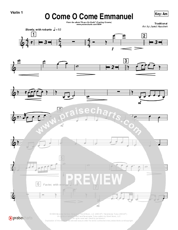 O Come O Come Emmanuel (Instrumental) Violin 1 (Casting Crowns)