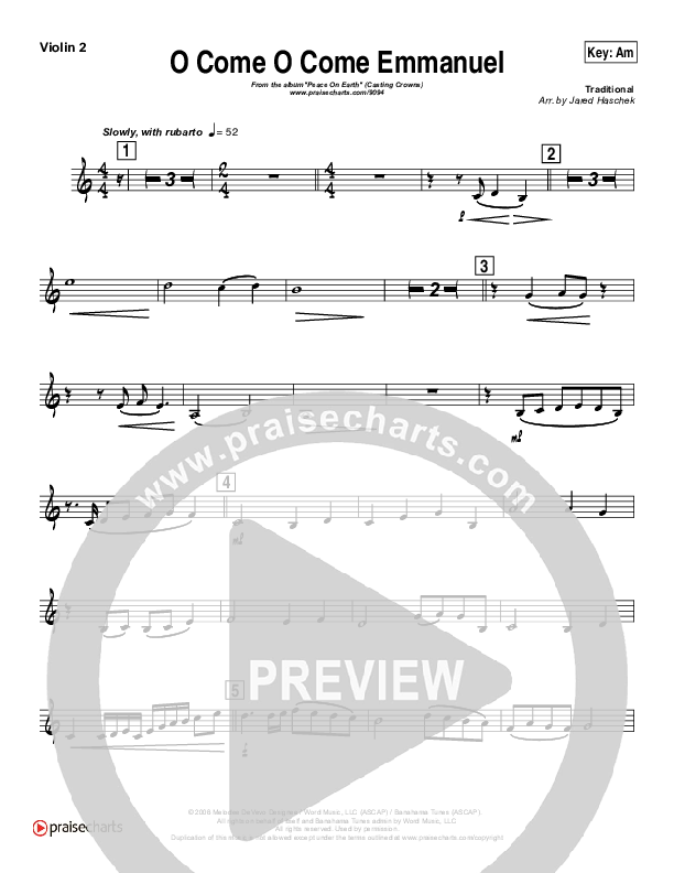 O Come O Come Emmanuel (Instrumental) Violin 2 (Casting Crowns)