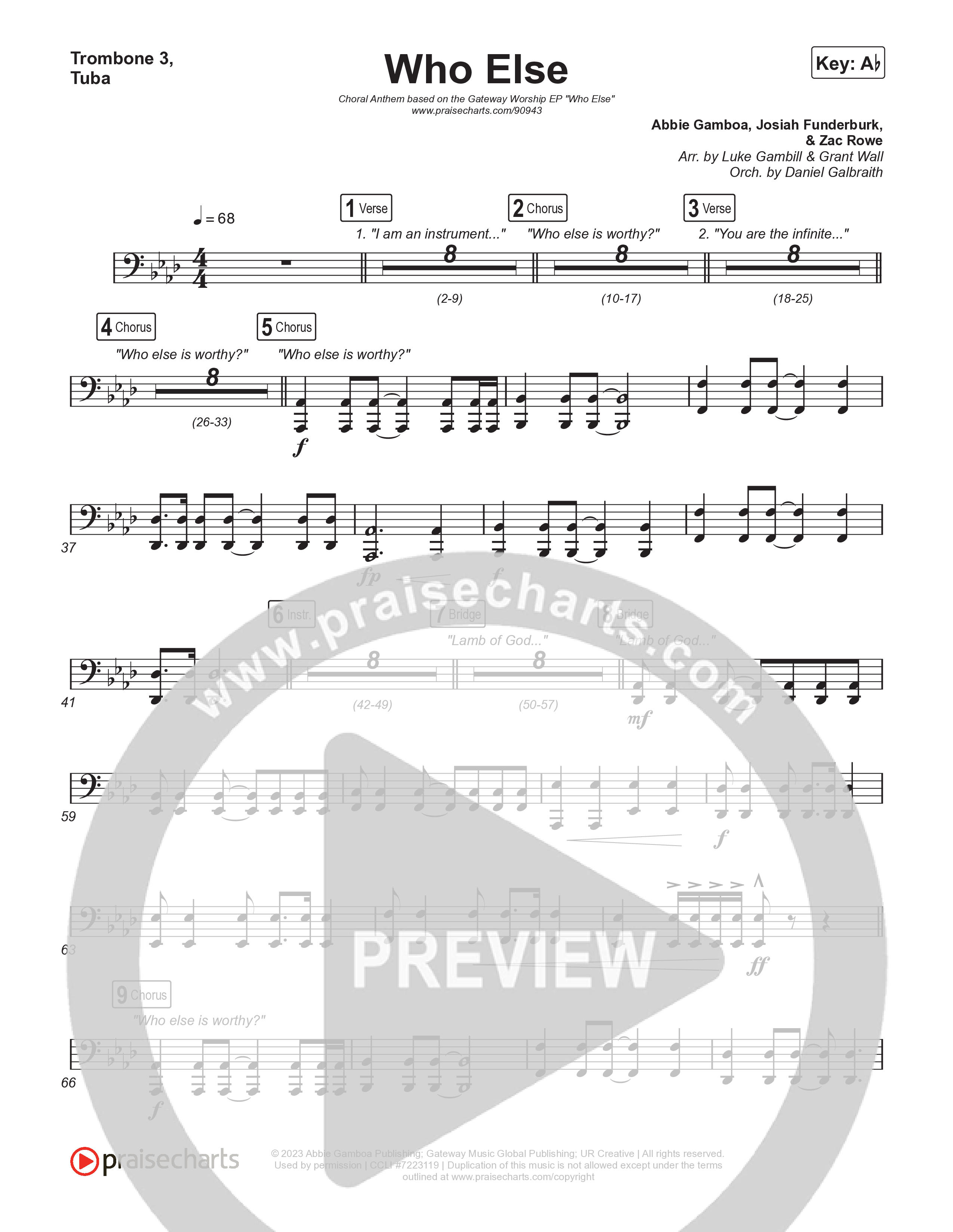 Who Else (Choral Anthem SATB) Trombone 1,2 (Gateway Worship / Abbie Gamboa / Arr. Luke Gambill)
