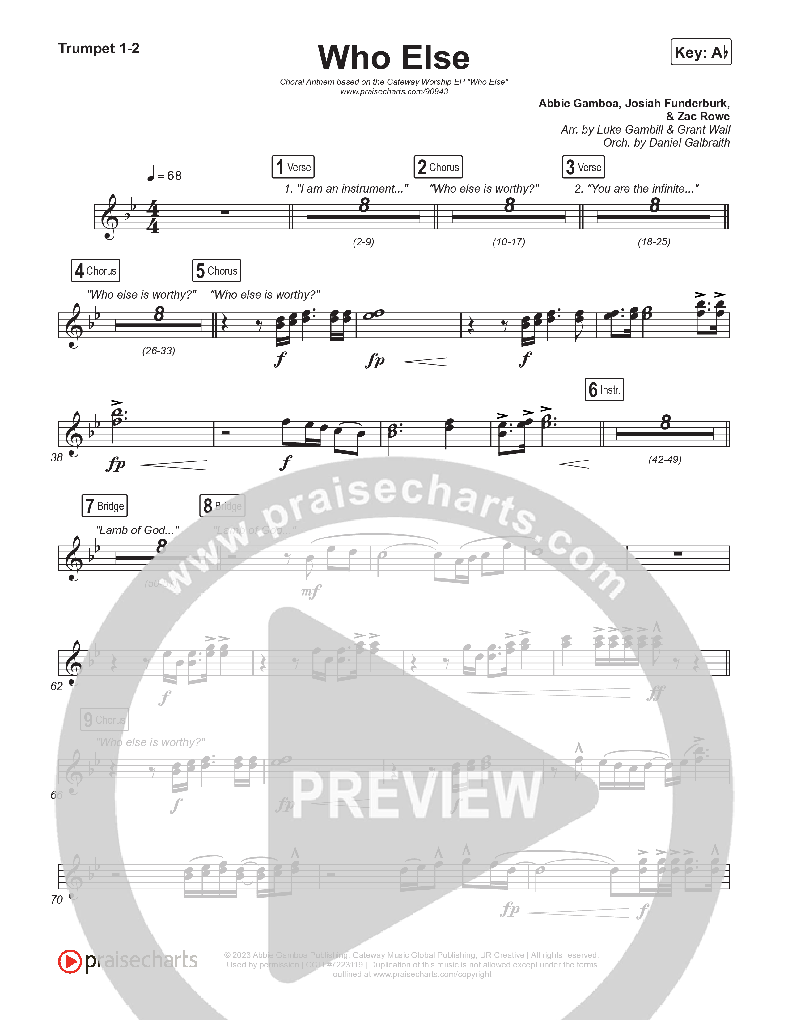 Who Else (Choral Anthem SATB) Trumpet 1,2 (Gateway Worship / Abbie Gamboa / Arr. Luke Gambill)