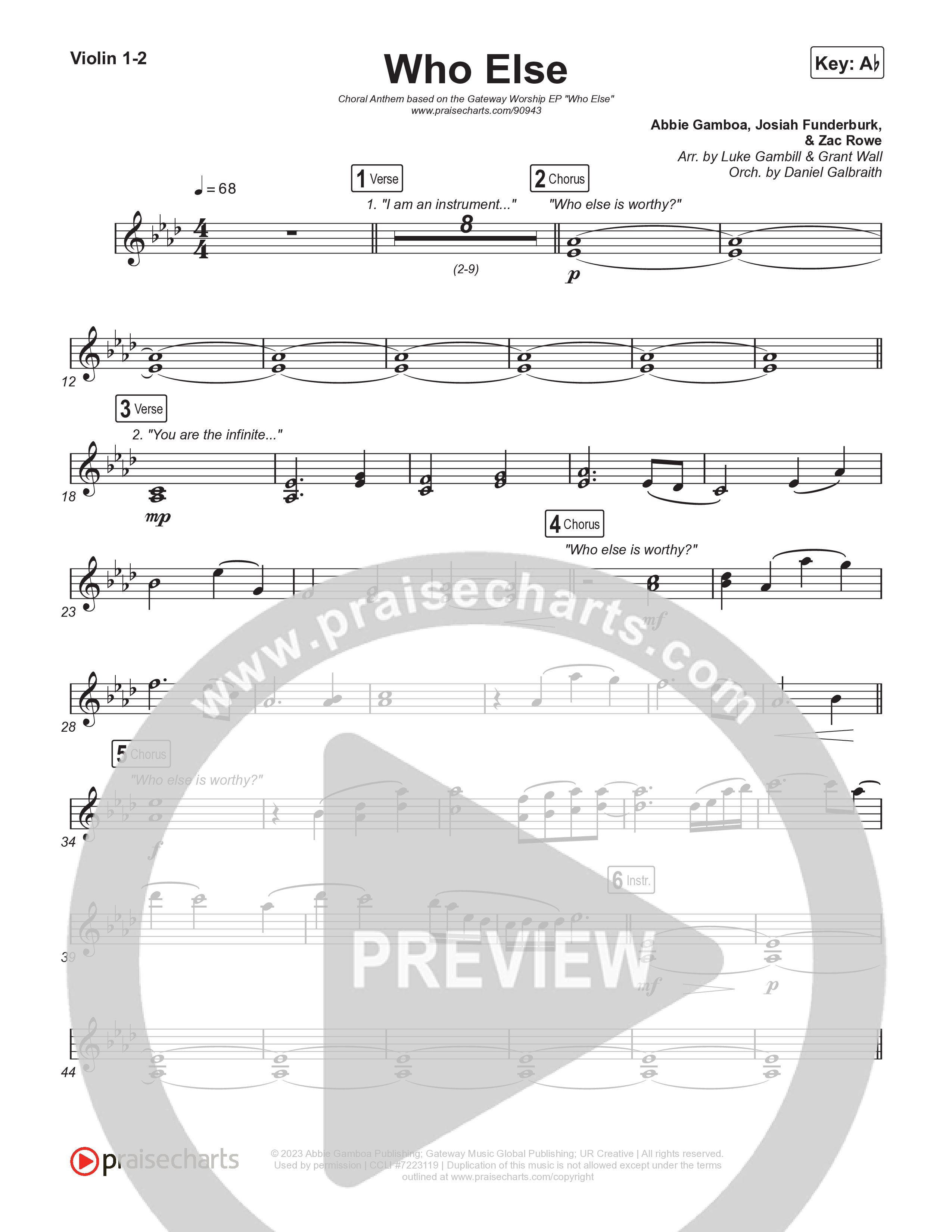Who Else (Choral Anthem SATB) Violin 1,2 (Gateway Worship / Abbie Gamboa / Arr. Luke Gambill)