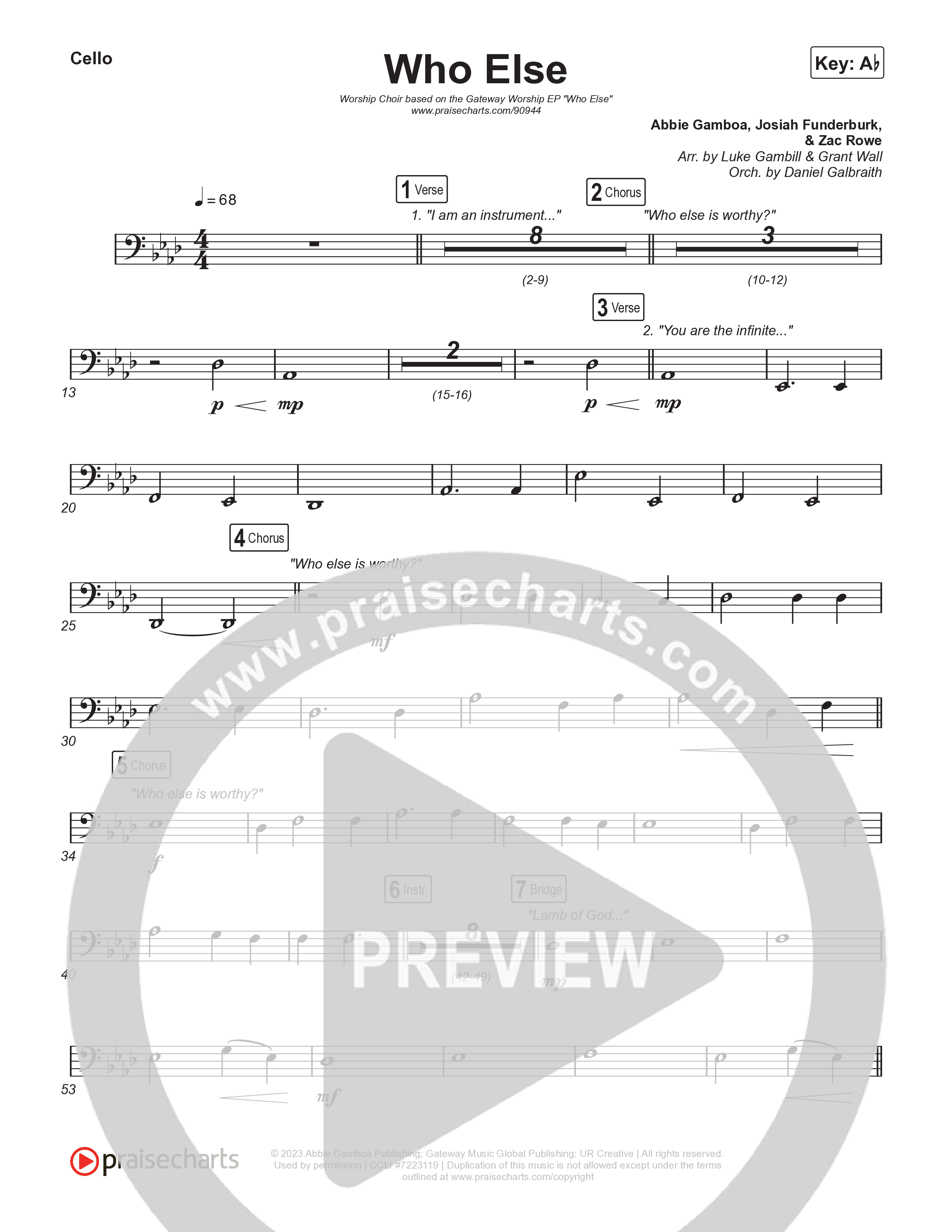Who Else (Worship Choir/SAB) Cello (Gateway Worship / Abbie Gamboa / Arr. Luke Gambill)