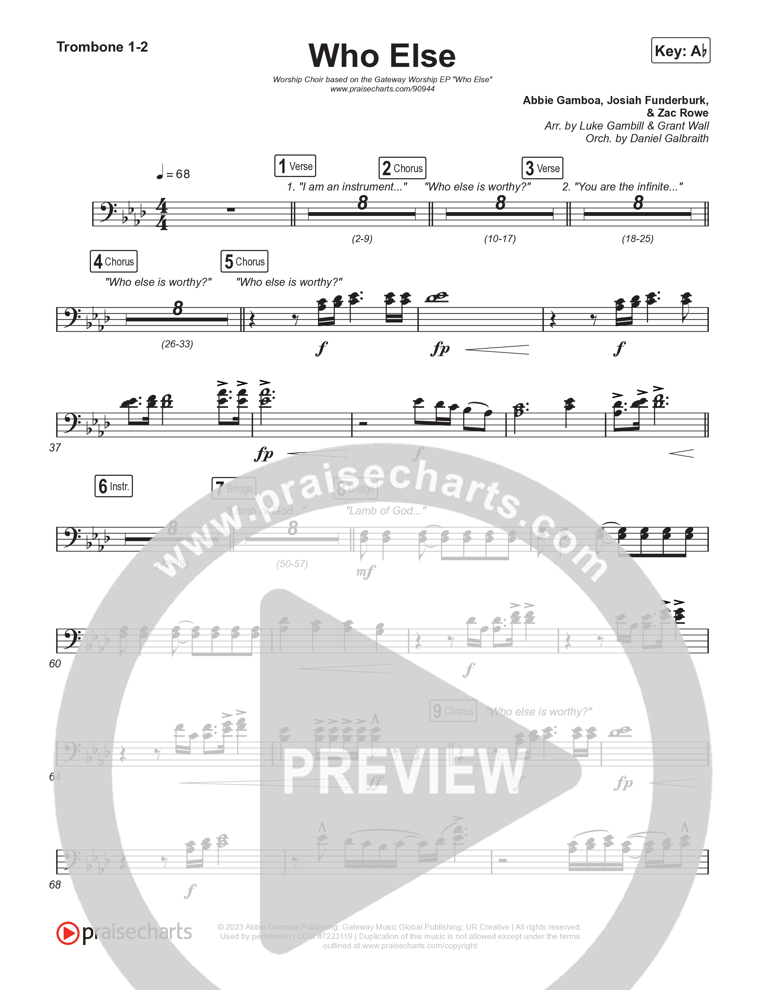 Who Else (Worship Choir/SAB) Trombone 1/2 (Gateway Worship / Abbie Gamboa / Arr. Luke Gambill)