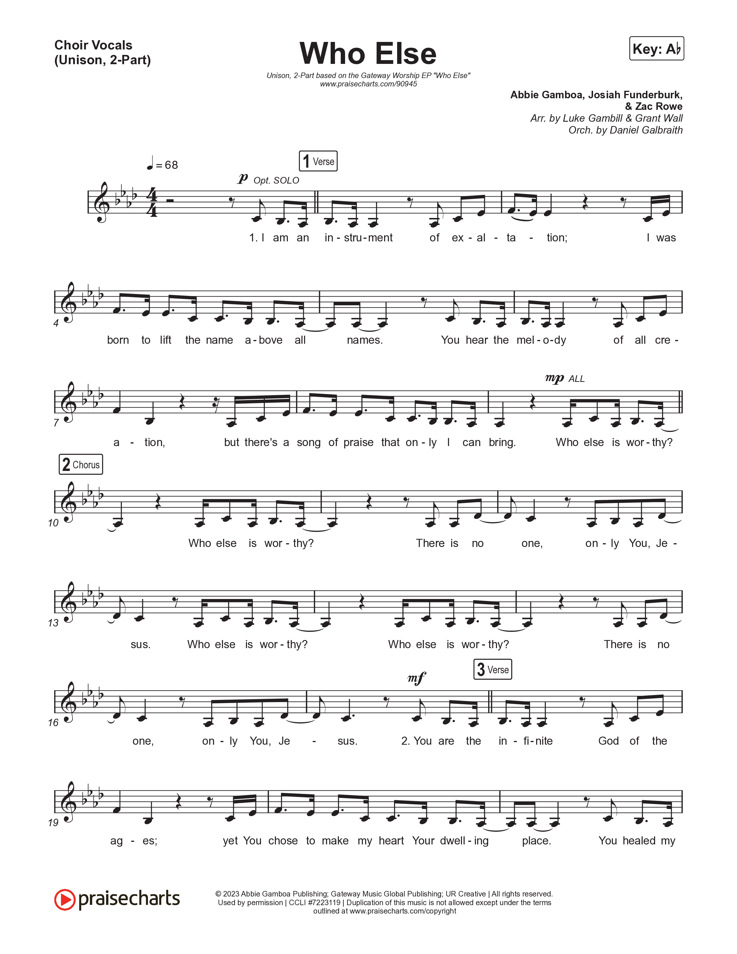 Who Else (Unison/2-Part) Choir Vocals (Uni/2-Part) (Gateway Worship / Abbie Gamboa / Arr. Luke Gambill)