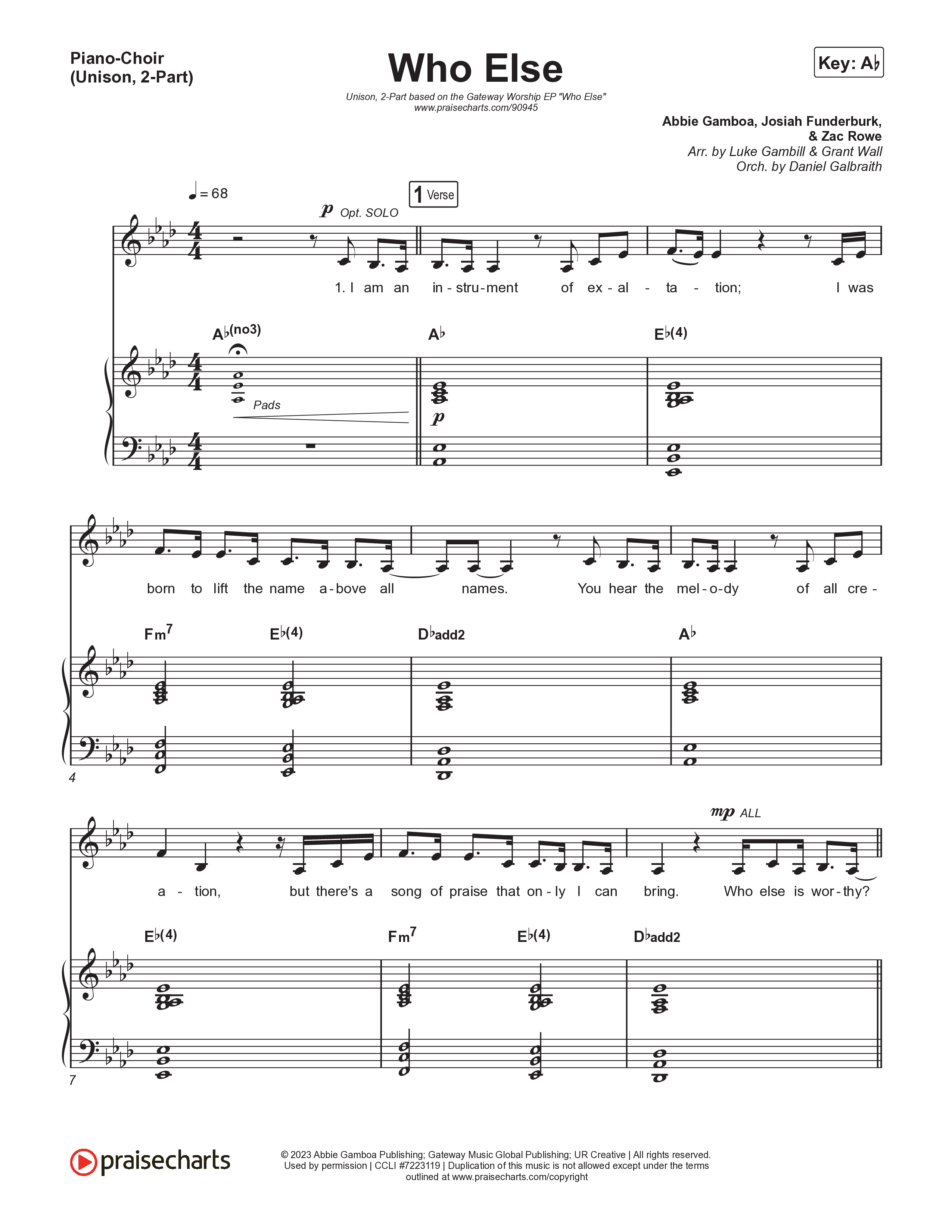 Who Else (Unison/2-Part) Piano/Choir (Uni/2-Part) (Gateway Worship / Abbie Gamboa / Arr. Luke Gambill)