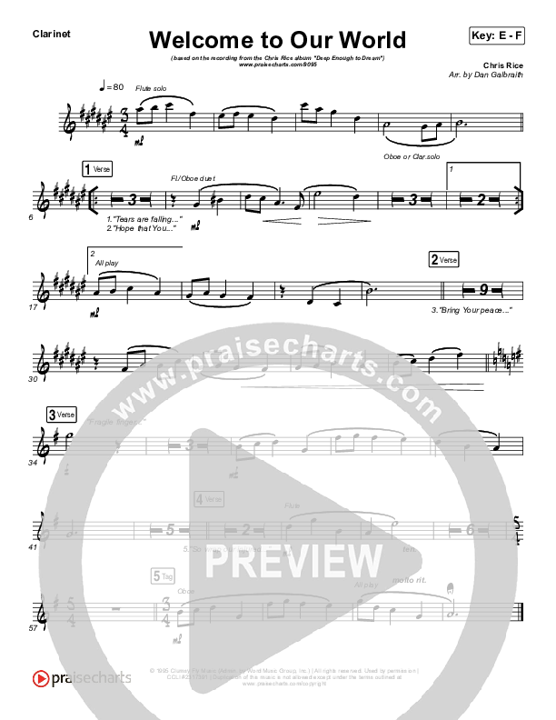 Welcome To Our World Clarinet (Chris Rice)
