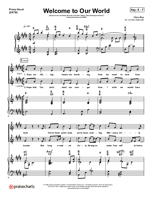 Welcome To Our World Piano/Vocal (SATB) (Chris Rice)