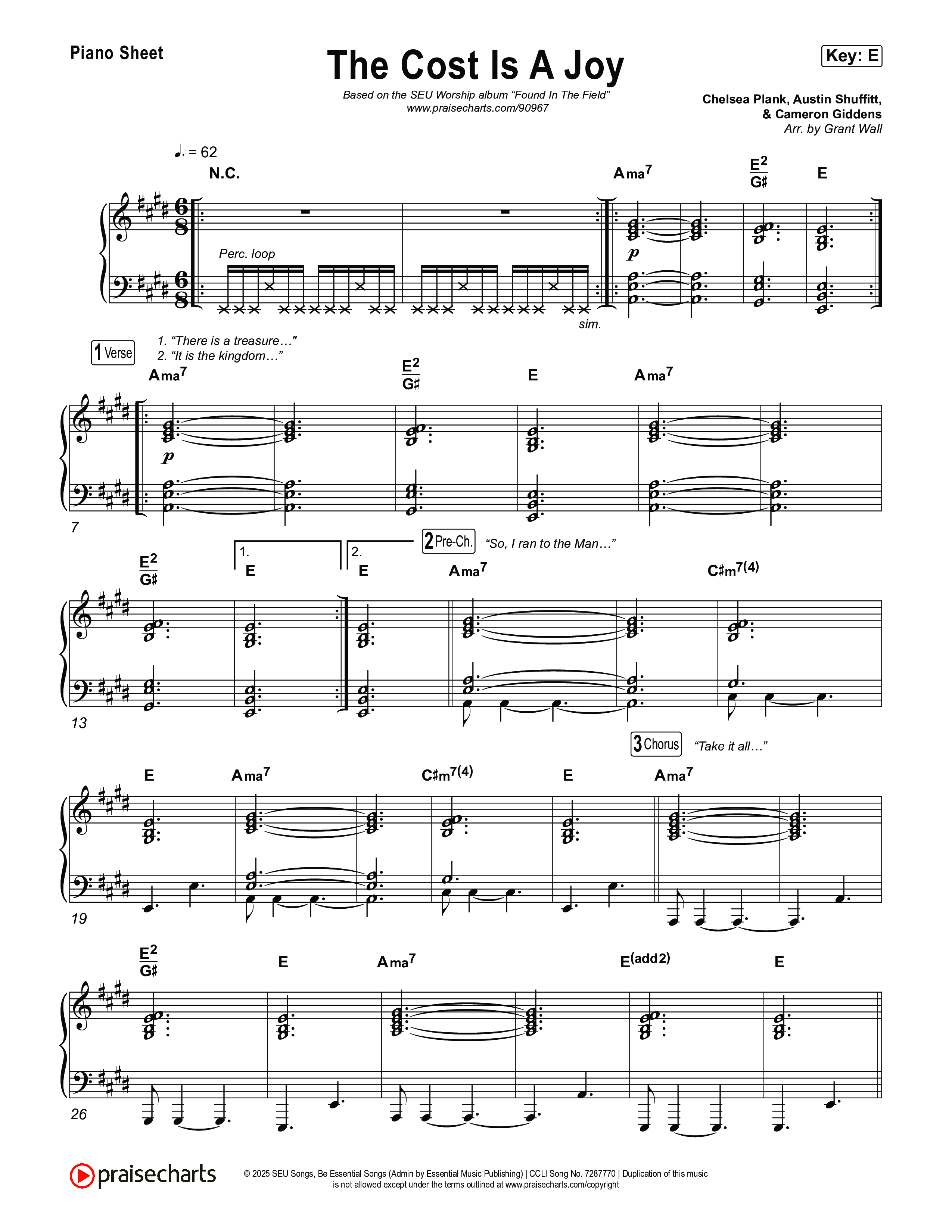 The Cost Is A Joy Piano Sheet (SEU Worship)
