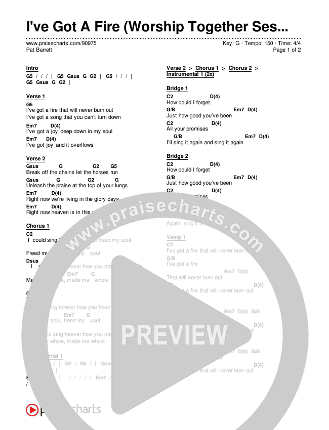 I've Got A Fire (Worship Together Sessions) Chords & Lyrics (Pat Barrett)