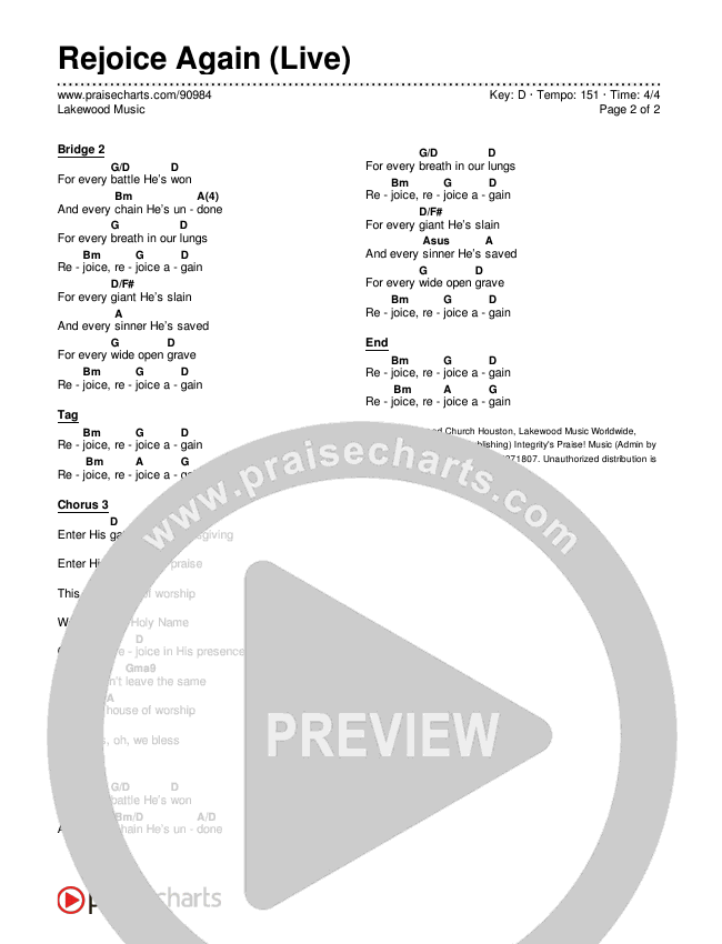Rejoice Again (Live) Chords & Lyrics (Lakewood Music)