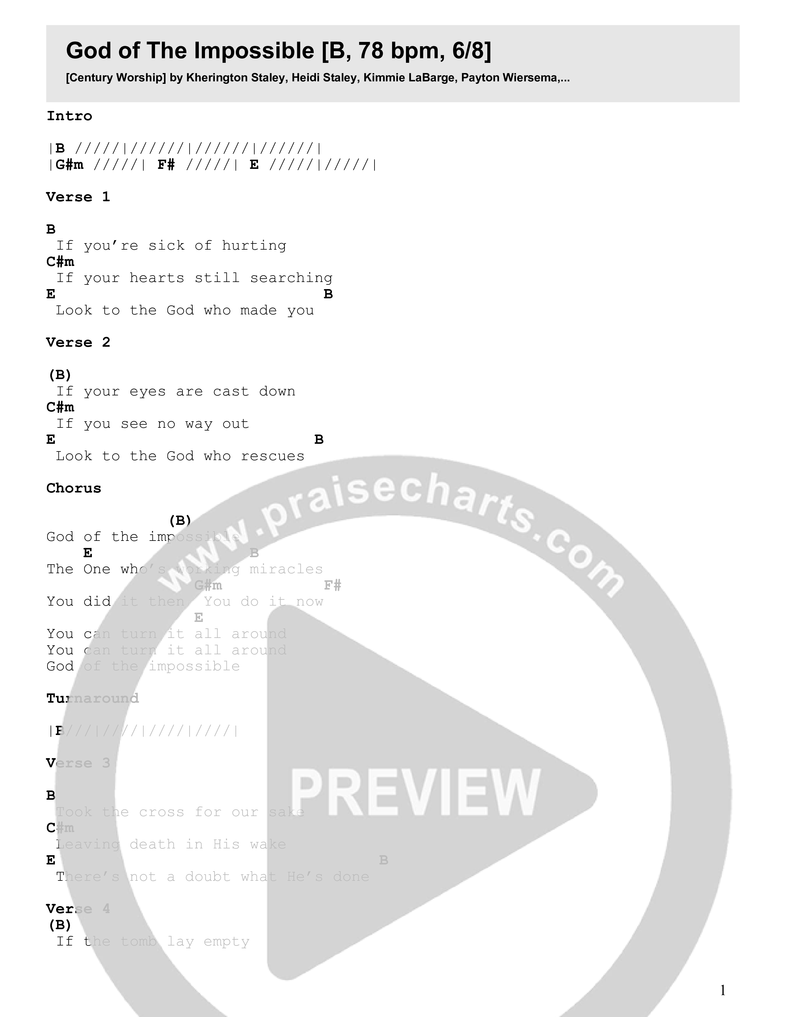 God Of The Impossible Chord Chart (Century Worship)