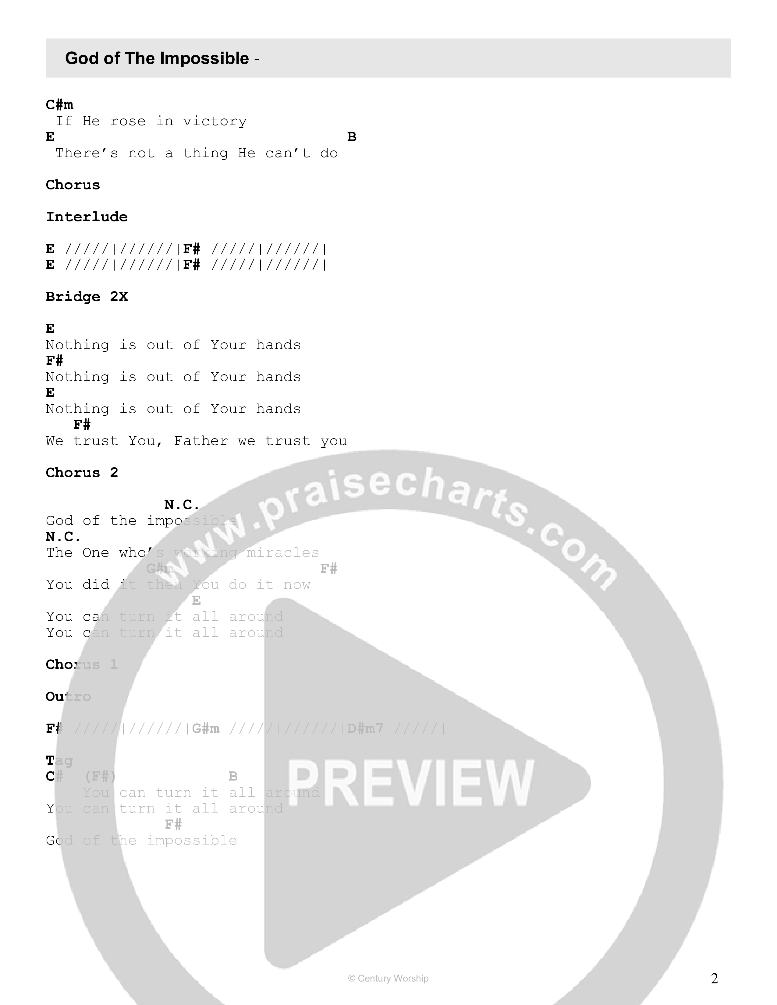 God Of The Impossible Chord Chart (Century Worship)