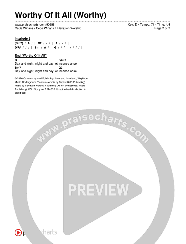 Worthy Of It All (Worthy) Chords & Lyrics (CeCe Winans / Cece Winans / Elevation Worship)