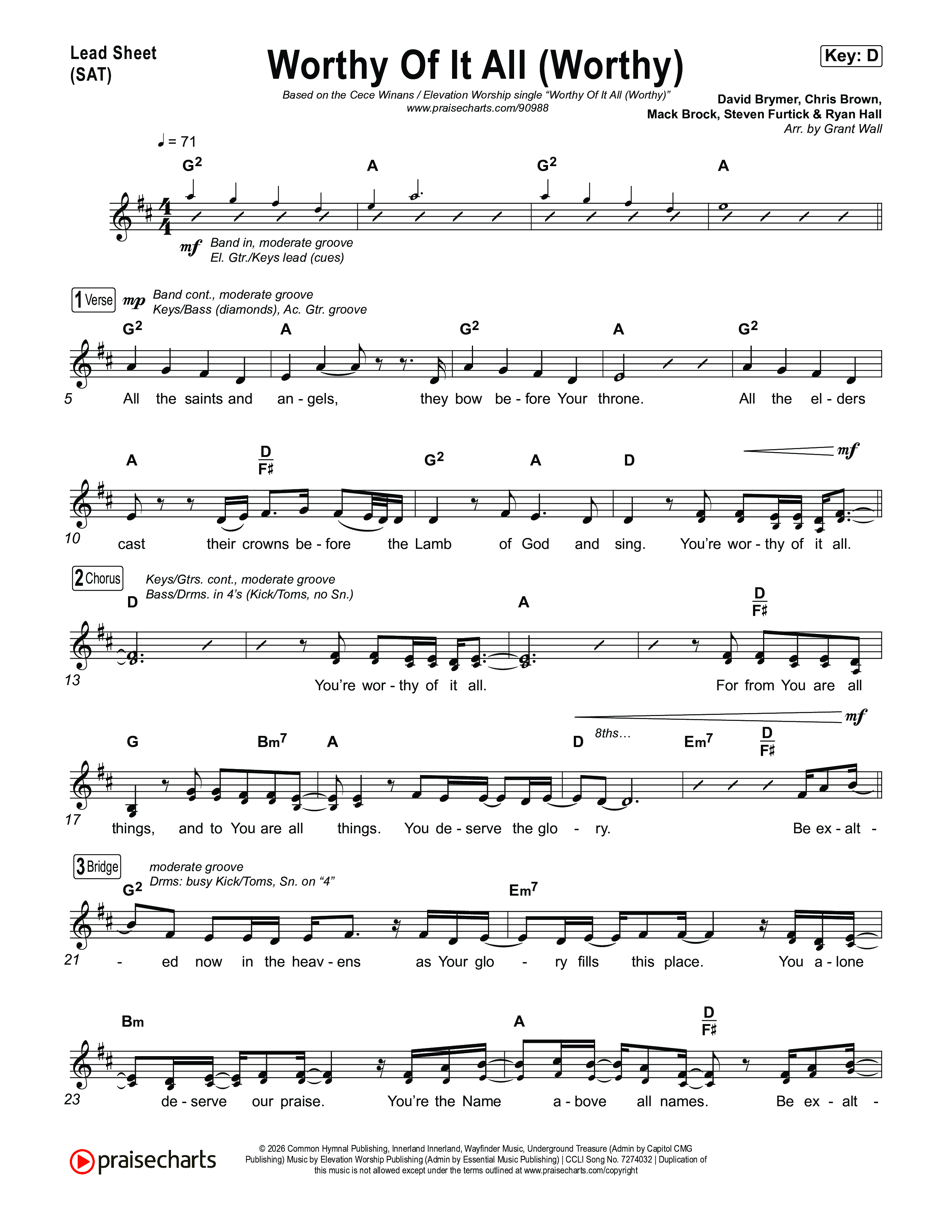 Worthy Of It All (Worthy) Lead Sheet (SAT) (CeCe Winans / Cece Winans / Elevation Worship)