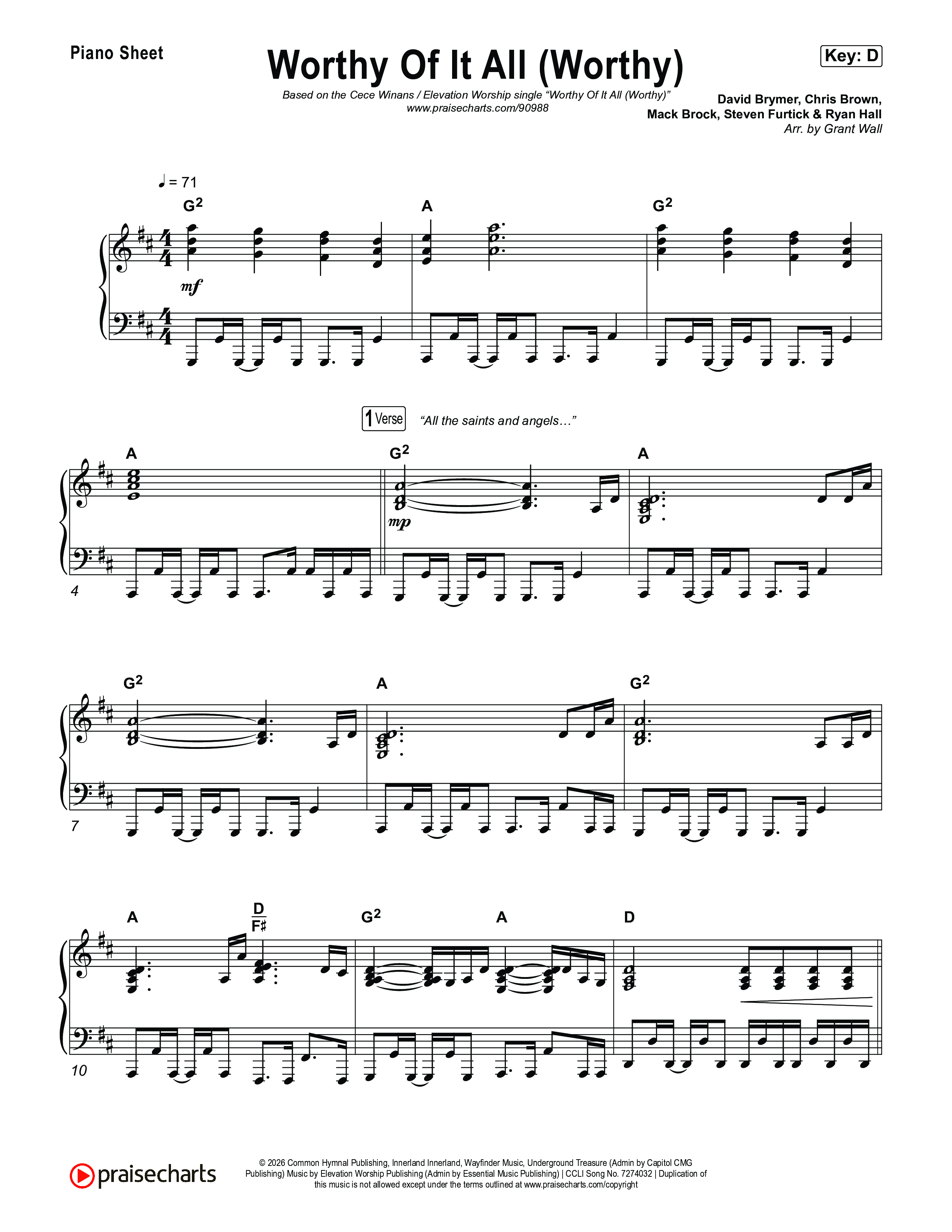 Worthy Of It All (Worthy) Piano Sheet (CeCe Winans / Cece Winans / Elevation Worship)
