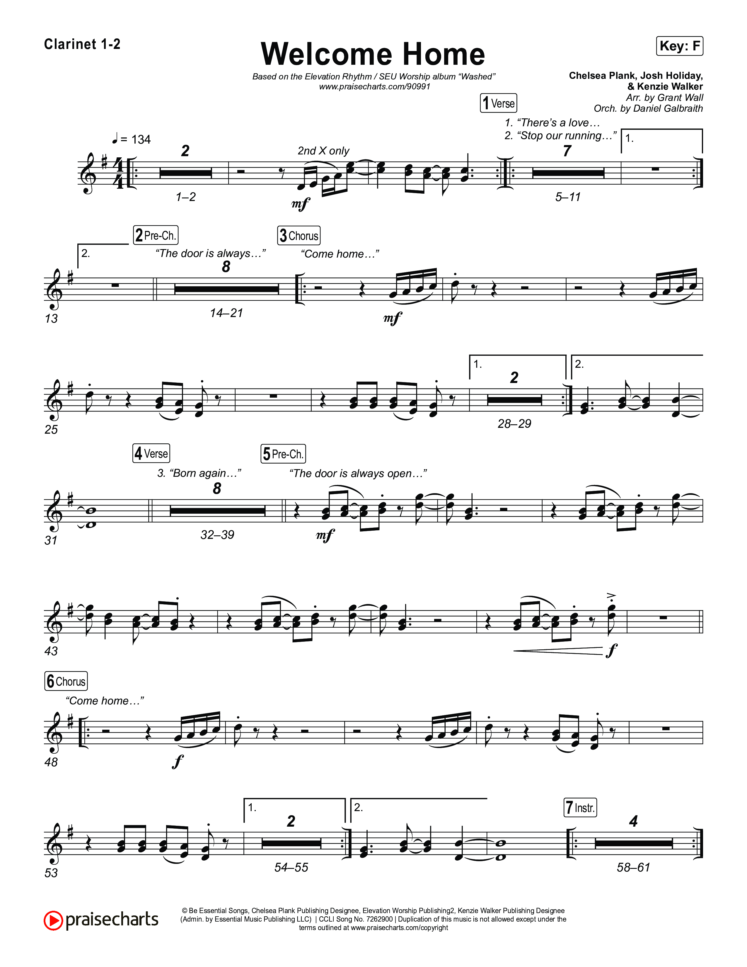 Welcome Home Clarinet 1,2 (ELEVATION RHYTHM / SEU Worship)