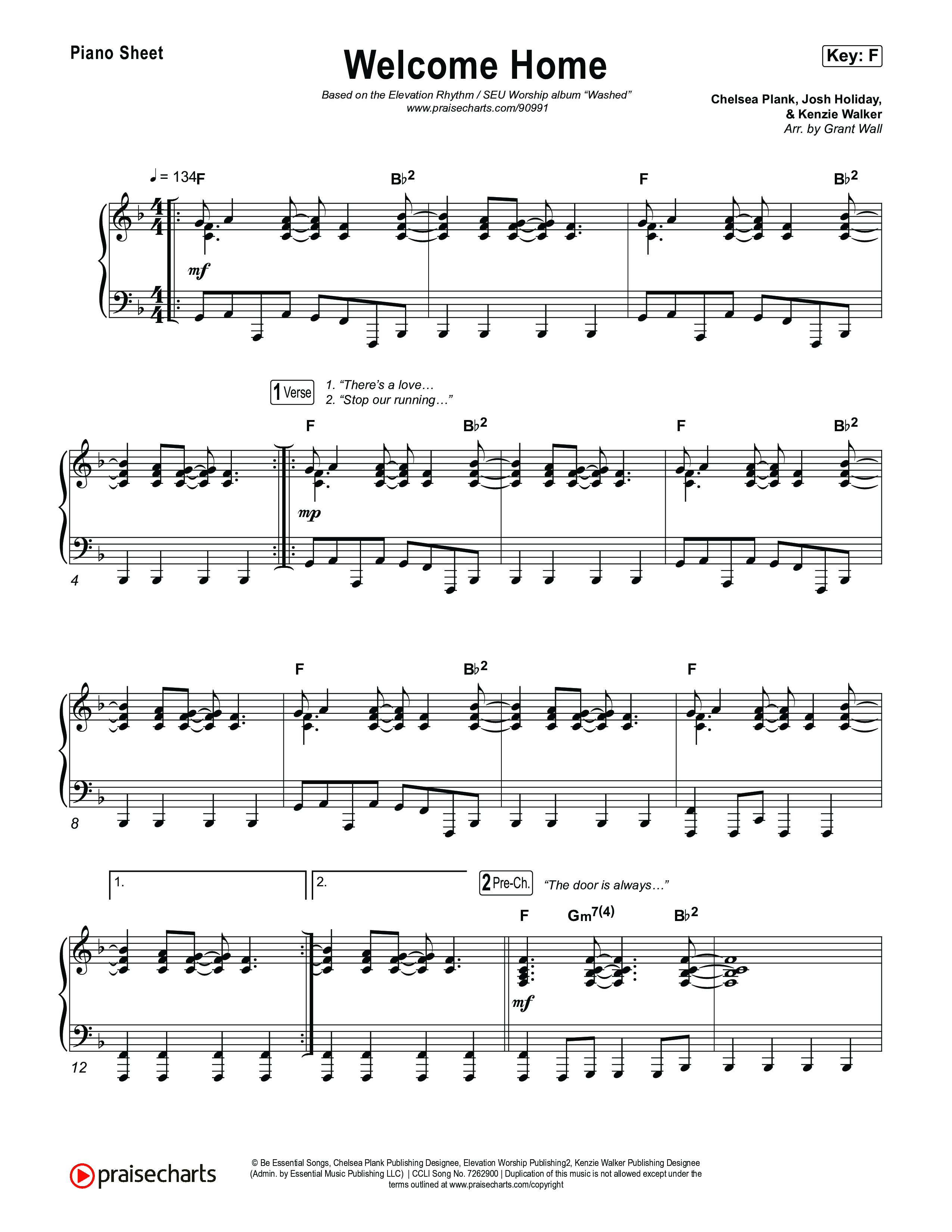 Welcome Home Piano Sheet (ELEVATION RHYTHM / SEU Worship)
