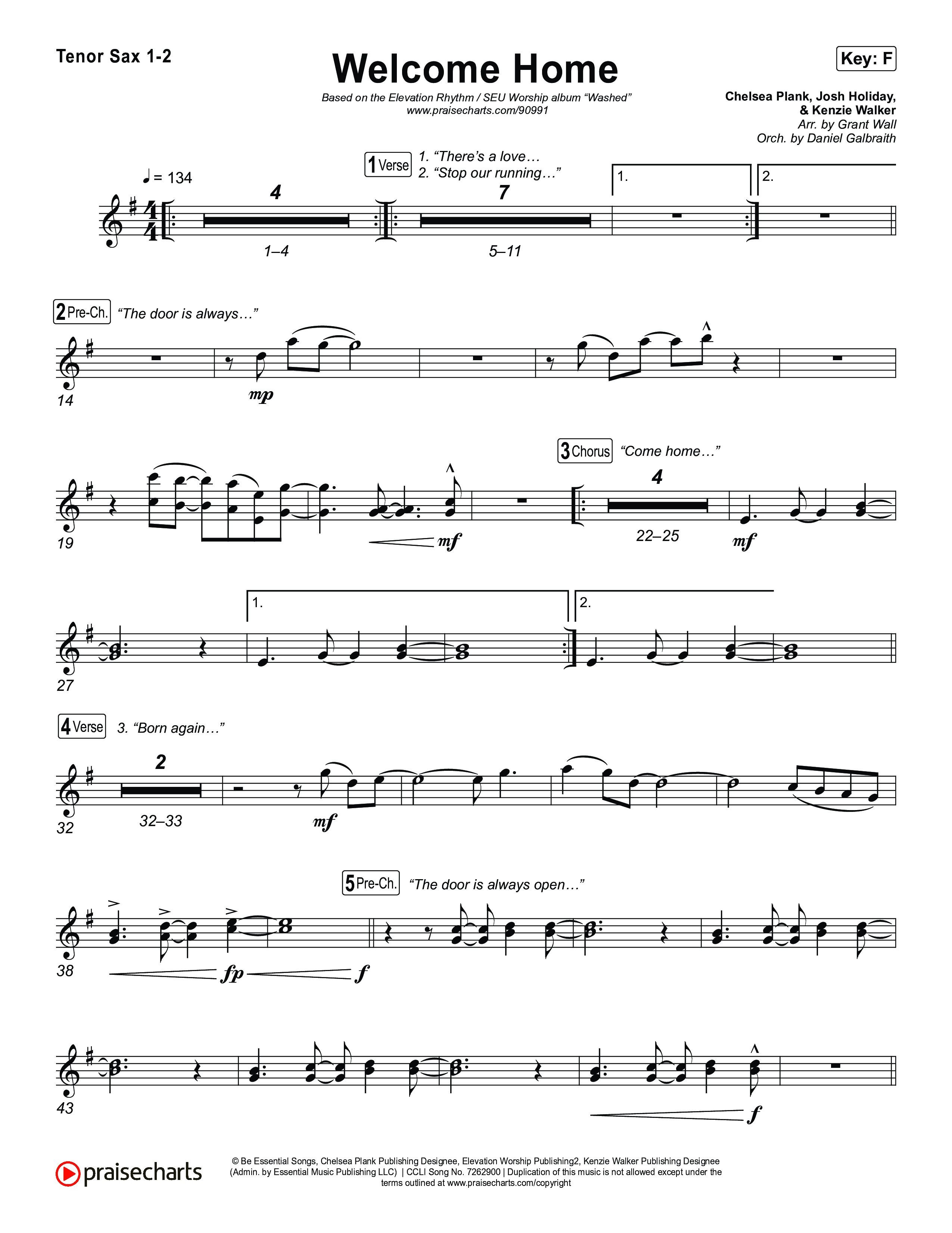 Welcome Home Tenor Sax 1,2 (ELEVATION RHYTHM / SEU Worship)