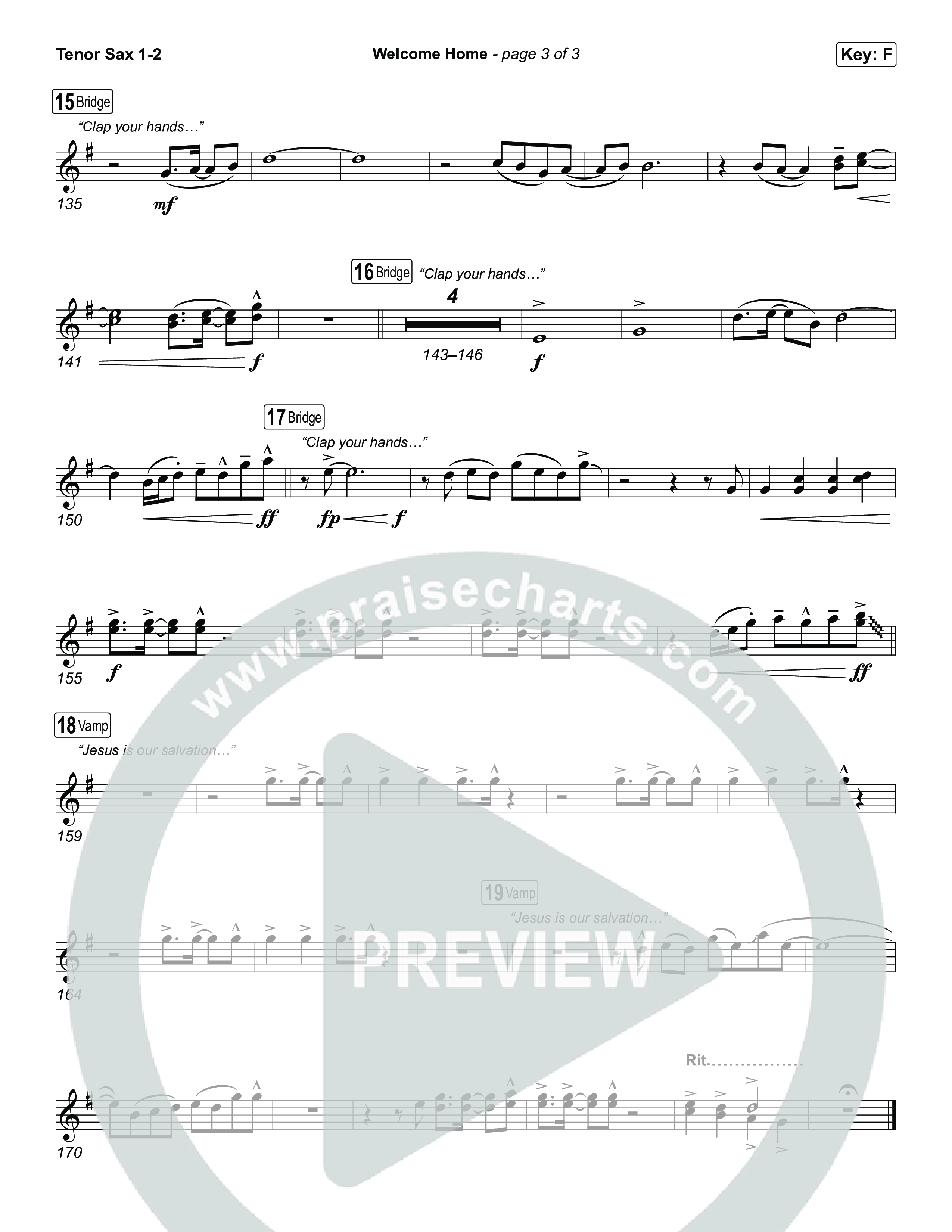 Welcome Home Tenor Sax 1,2 (ELEVATION RHYTHM / SEU Worship)