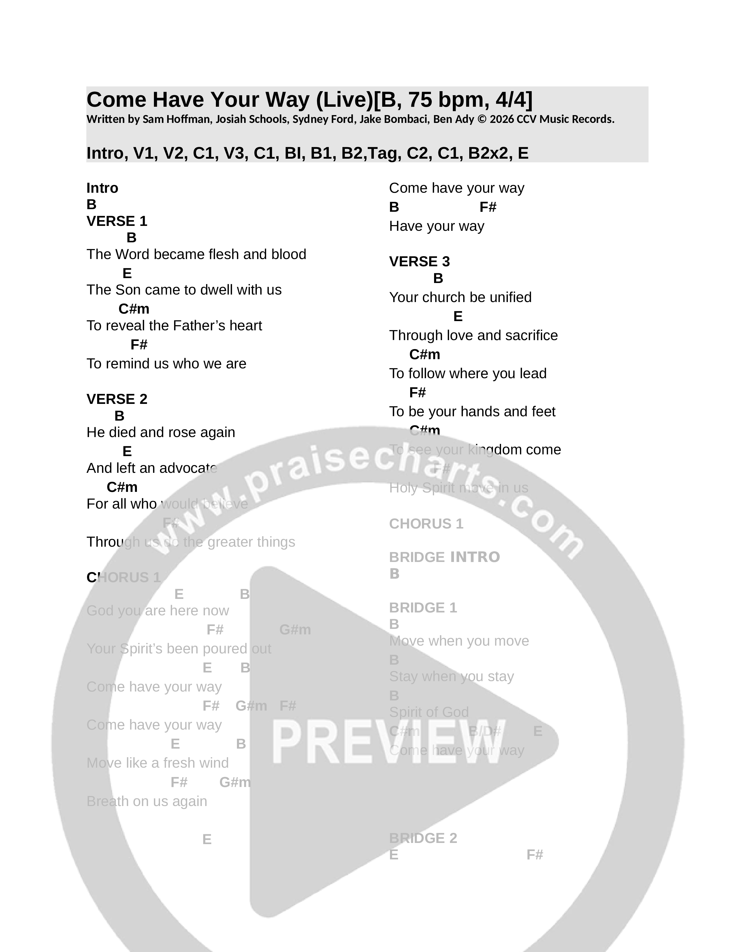 Come Have Your Way (Live) Chord Chart (CCV Music)