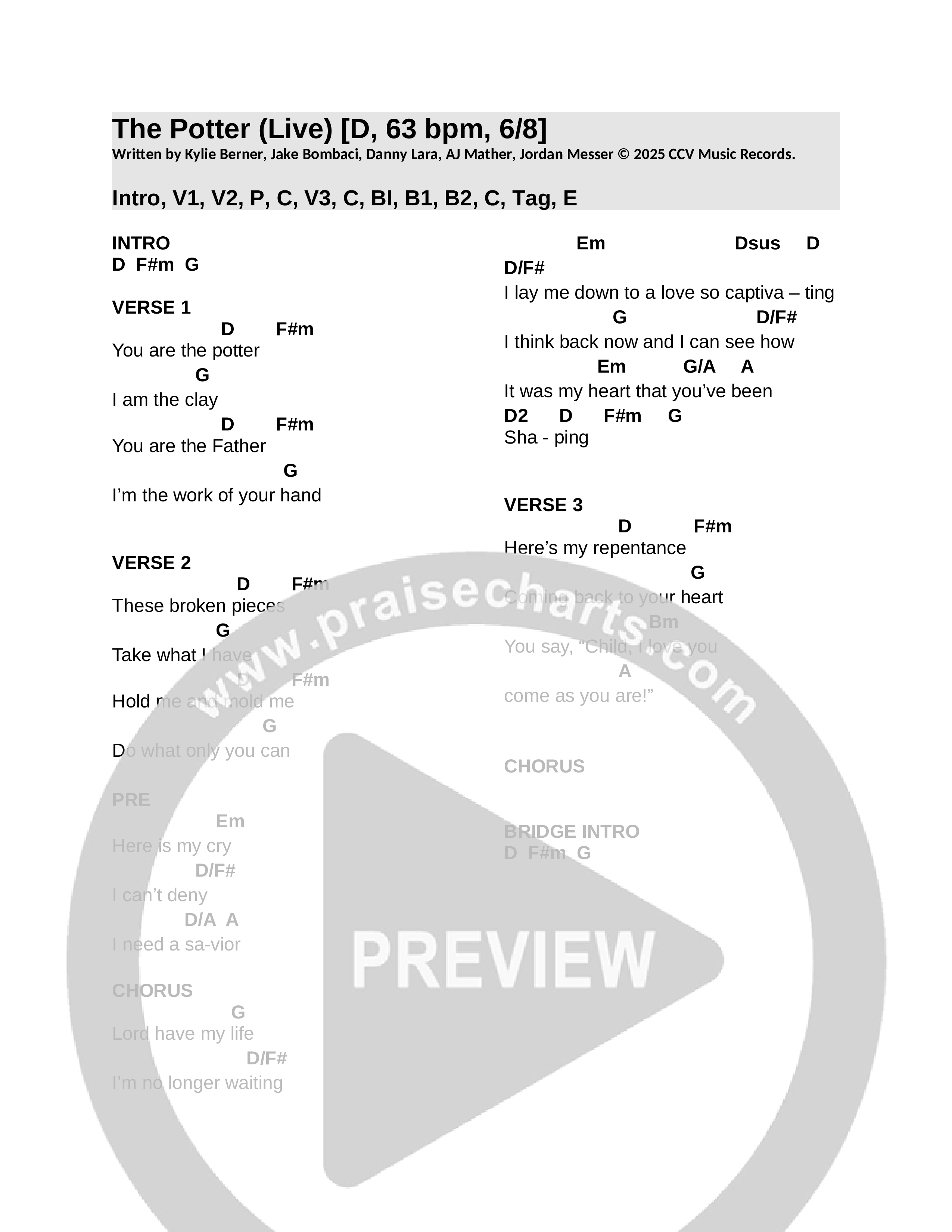 The Potter (Lord Have My Life) (Live) Chord Chart (CCV Music)