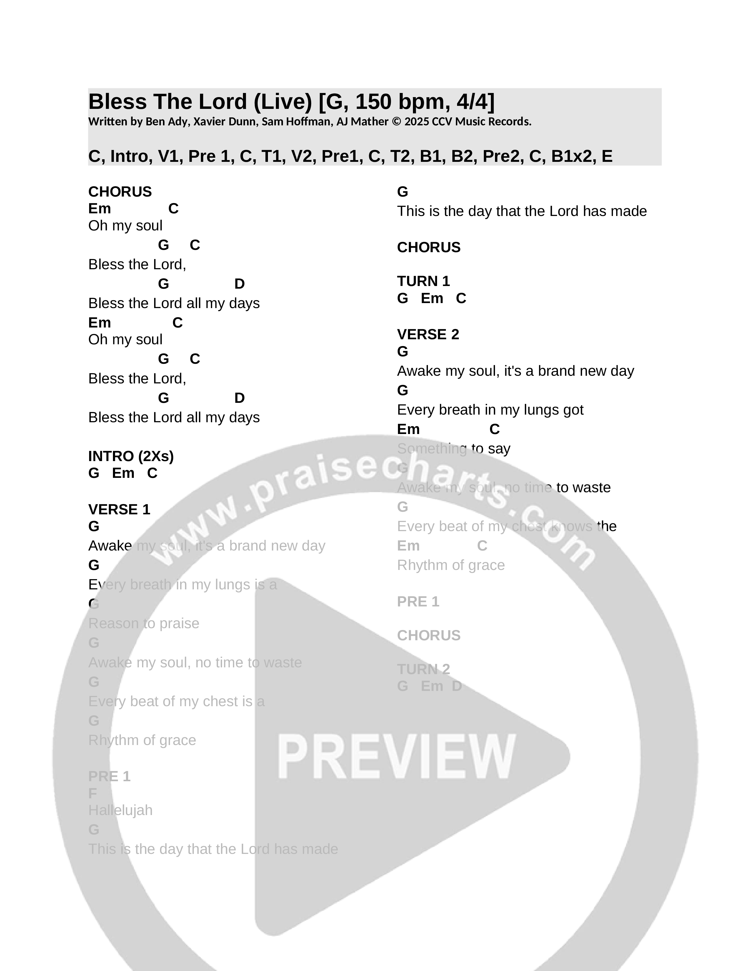 Bless The Lord (All My Days) (Live) Chord Chart (CCV Music)