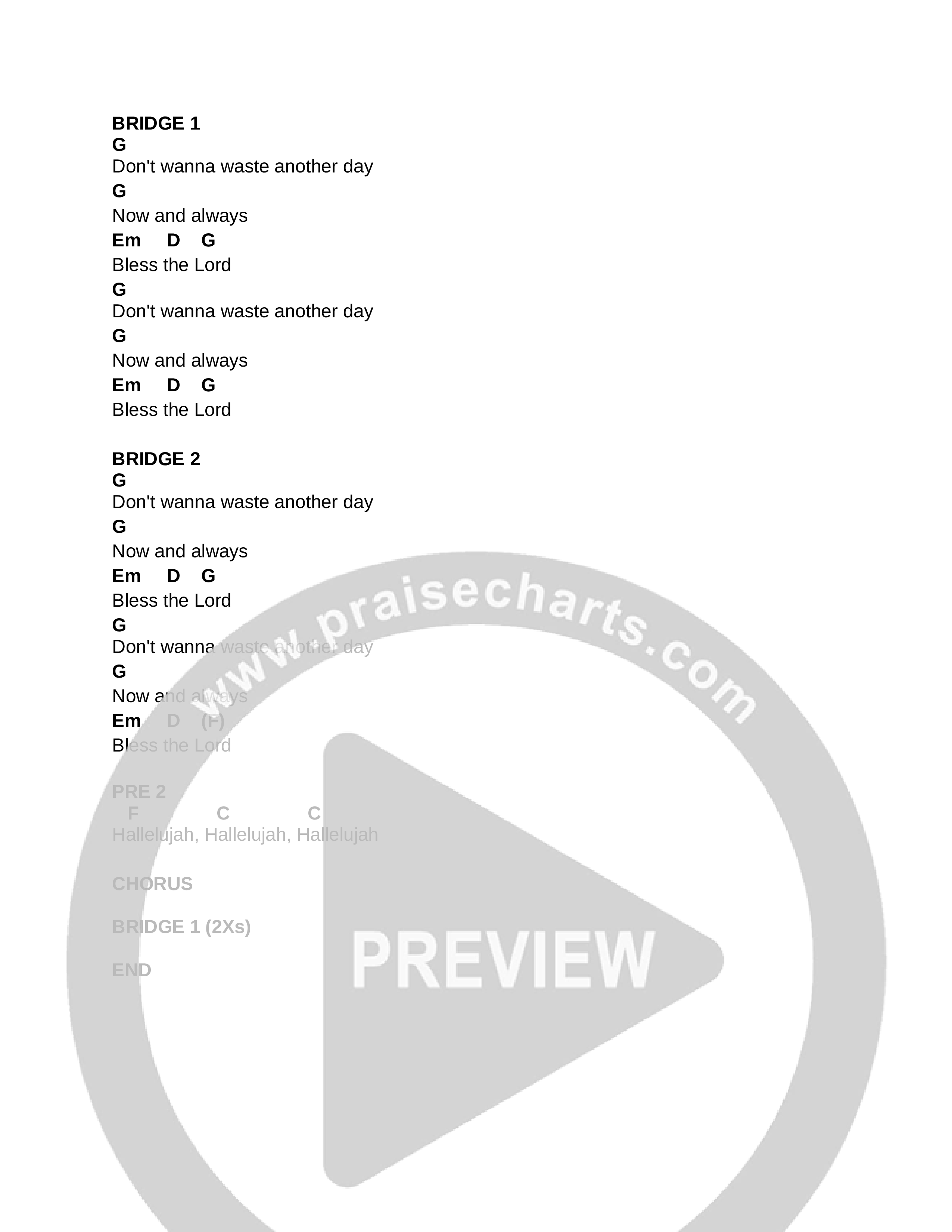 Bless The Lord (All My Days) (Live) Chord Chart (CCV Music)