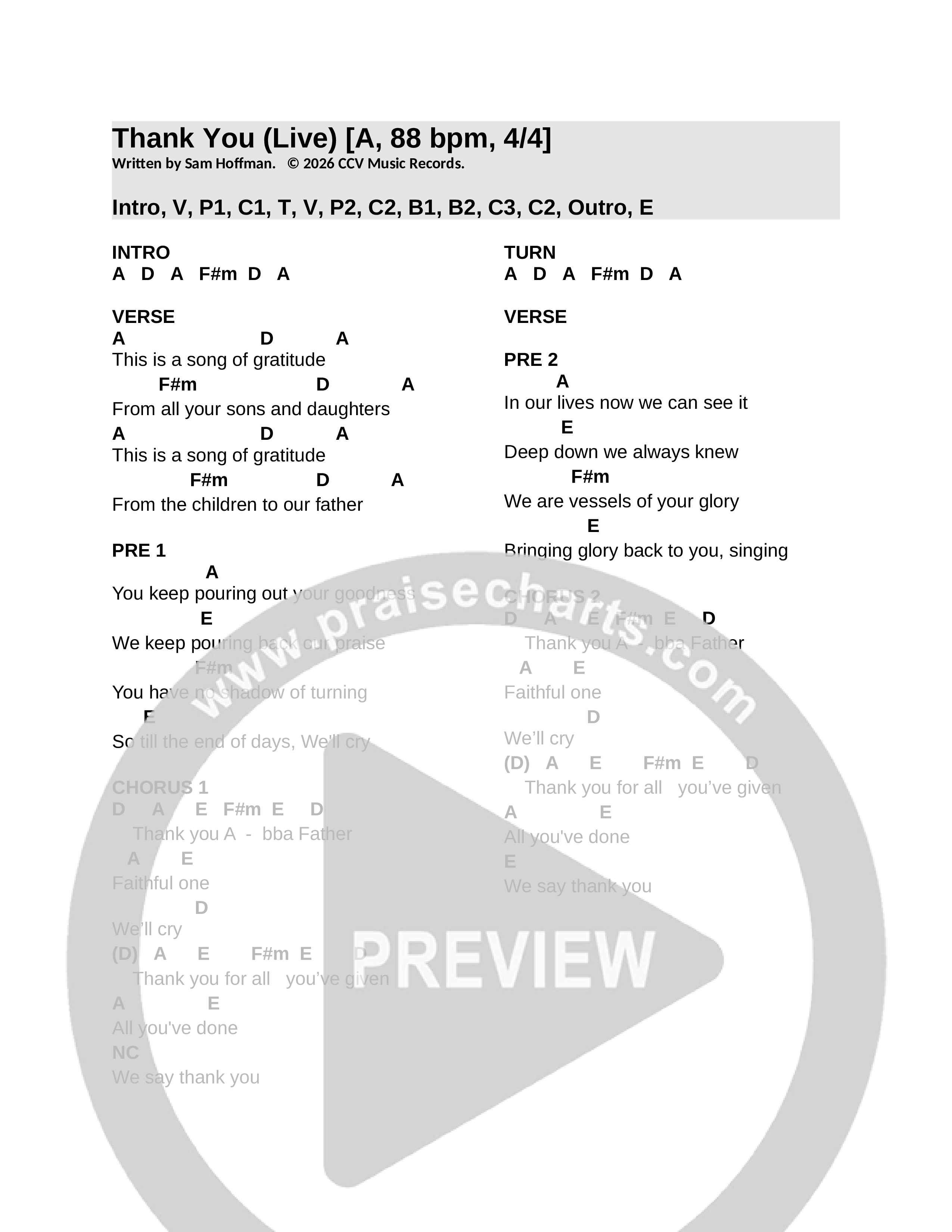 Thank You (Live) Chord Chart (CCV Music)