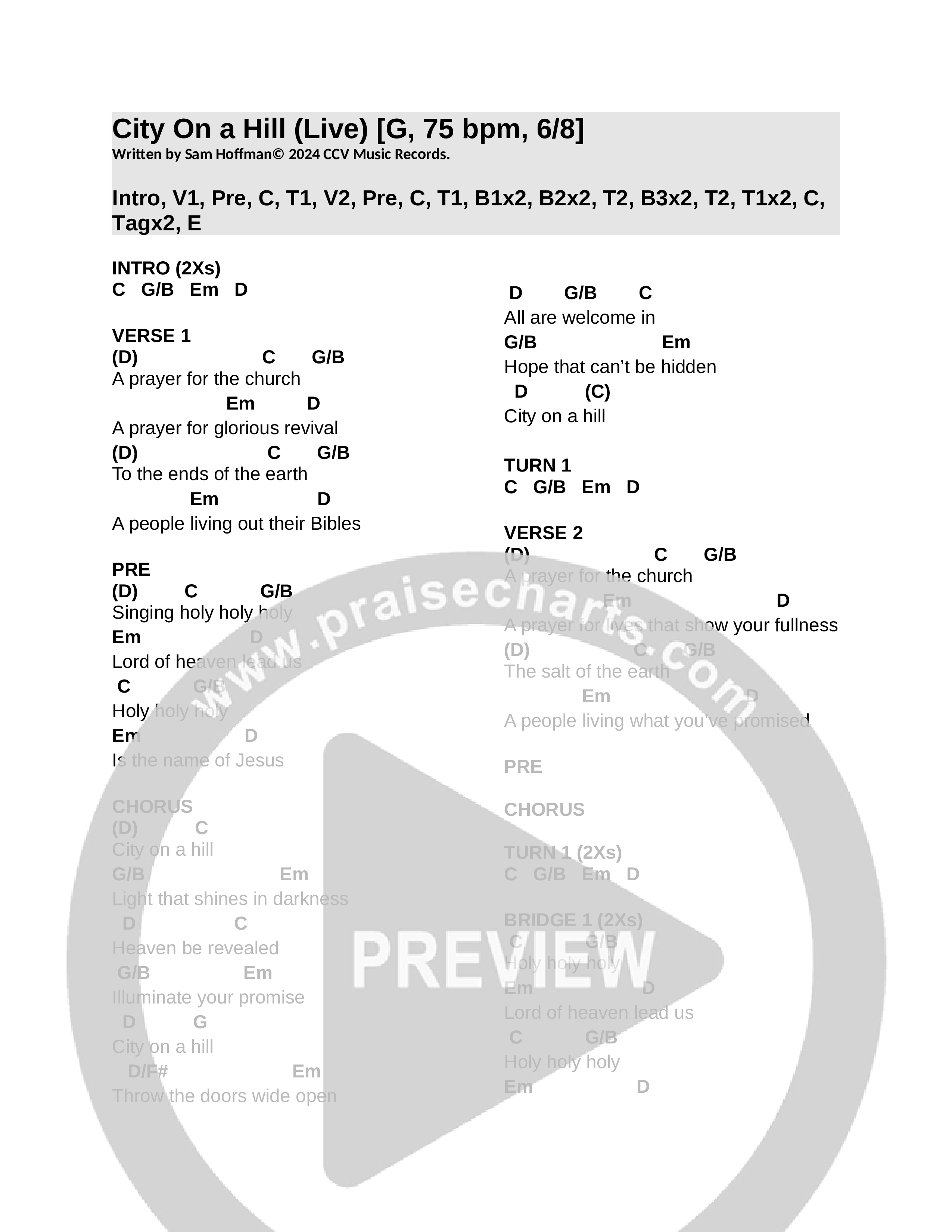 City On A Hill (One Name) (Live) Chord Chart (CCV Music)