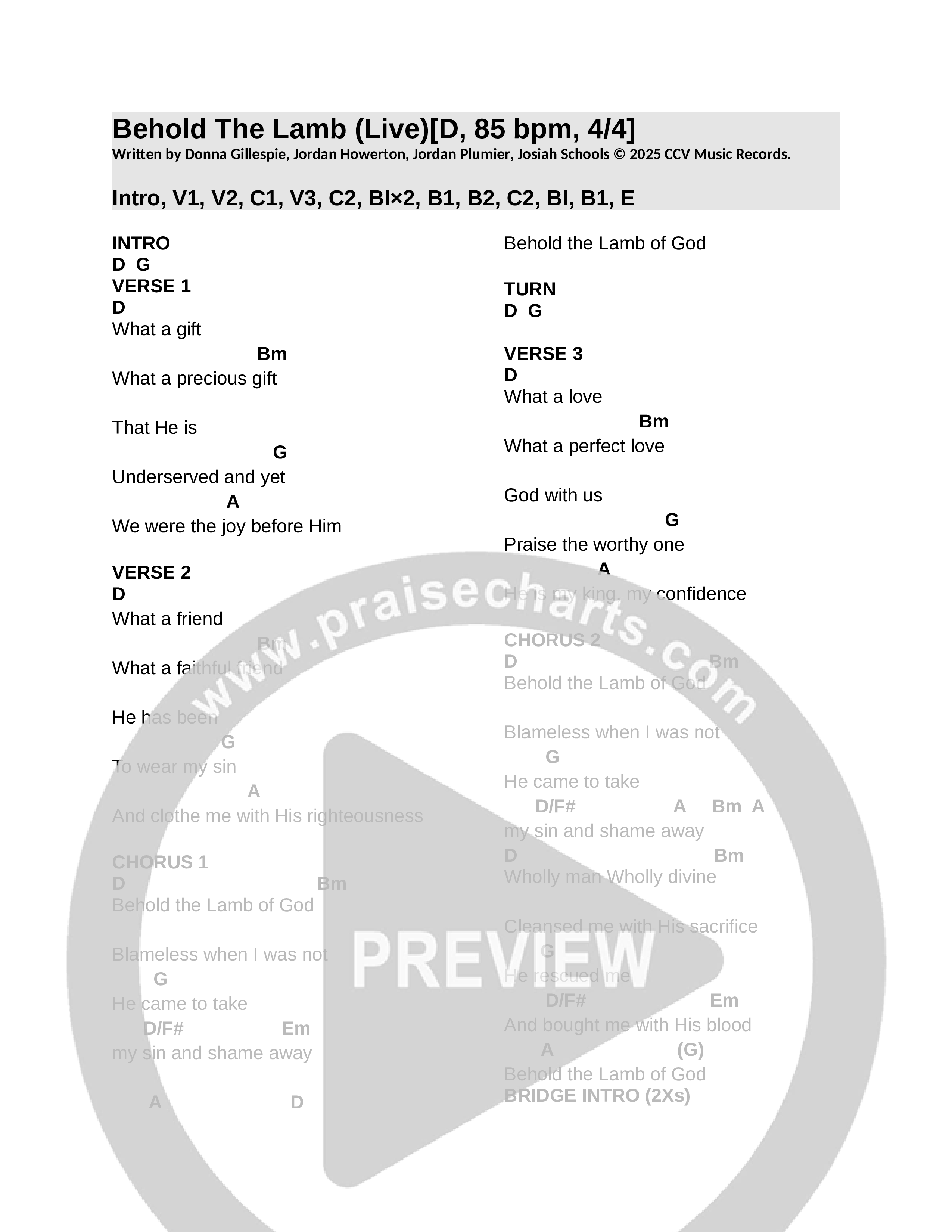 Behold The Lamb (Live) Chord Chart (CCV Music)