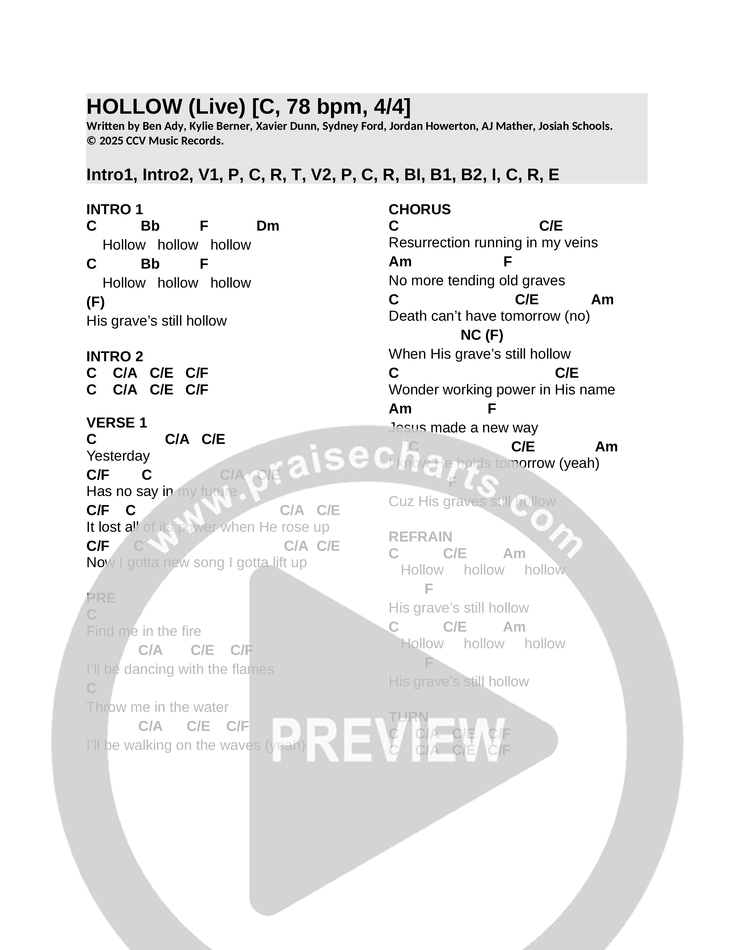 Hollow (Live) Chord Chart (CCV Music)