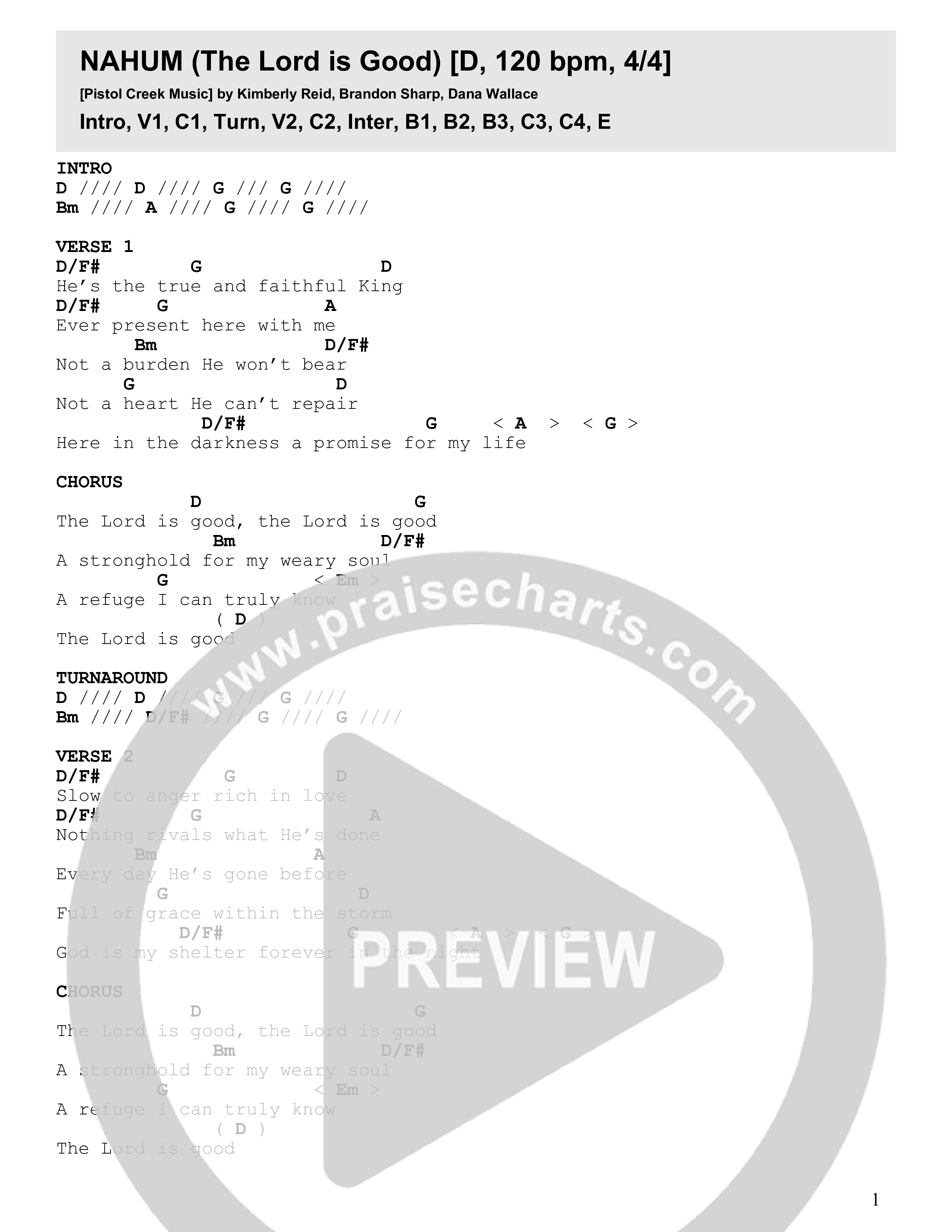 Nahum (The Lord is Good) Chord Chart (Pistol Creek Music)