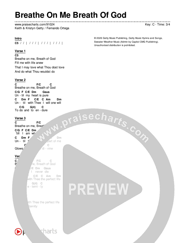 Breathe On Me Breath Of God Chords & Lyrics (Keith & Kristyn Getty / Fernando Ortega)