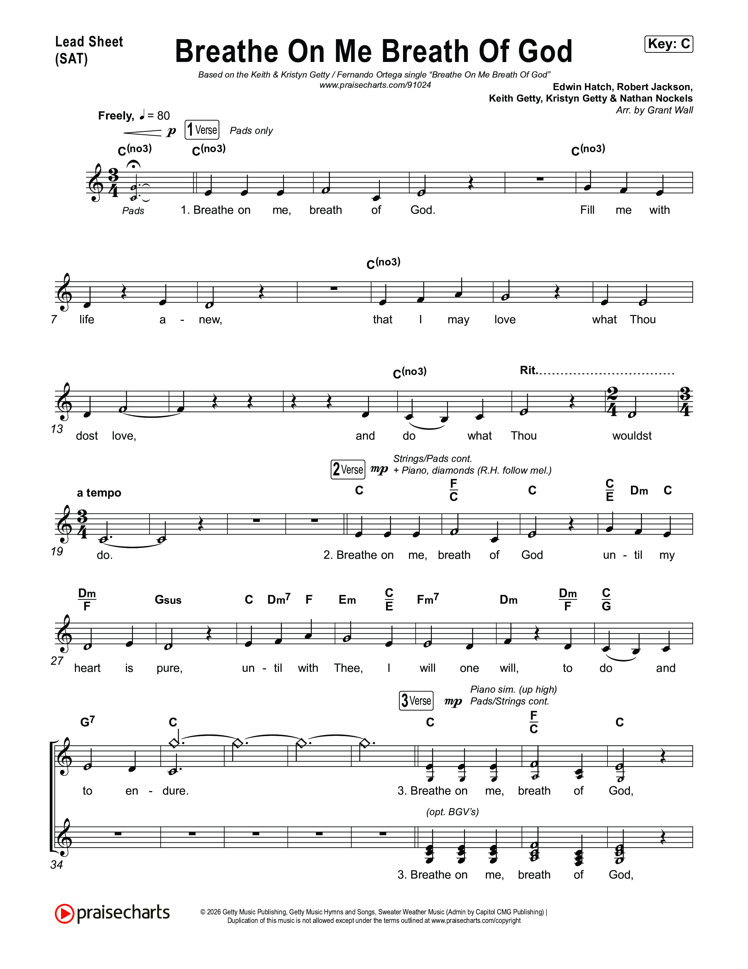 Breathe On Me Breath Of God Lead Sheet (SAT) (Keith & Kristyn Getty / Fernando Ortega)