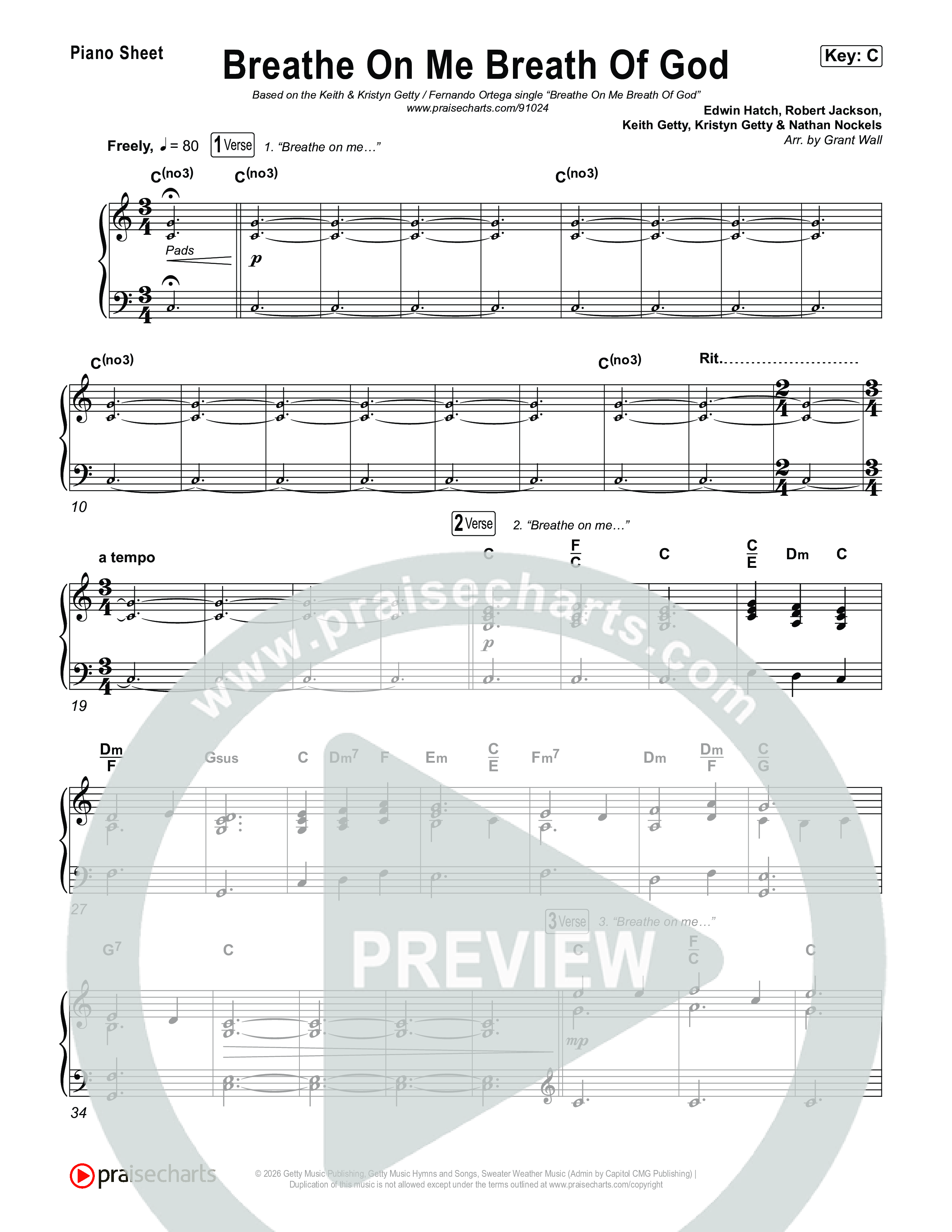 Breathe On Me Breath Of God Piano Sheet (Keith & Kristyn Getty / Fernando Ortega)
