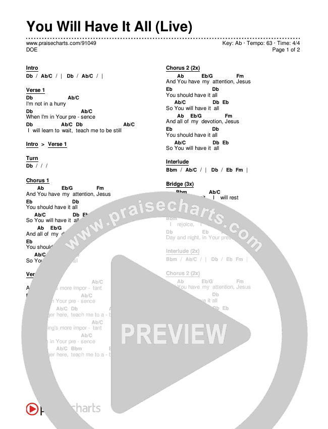 You Will Have It All (Live) Chords & Lyrics (DOE)