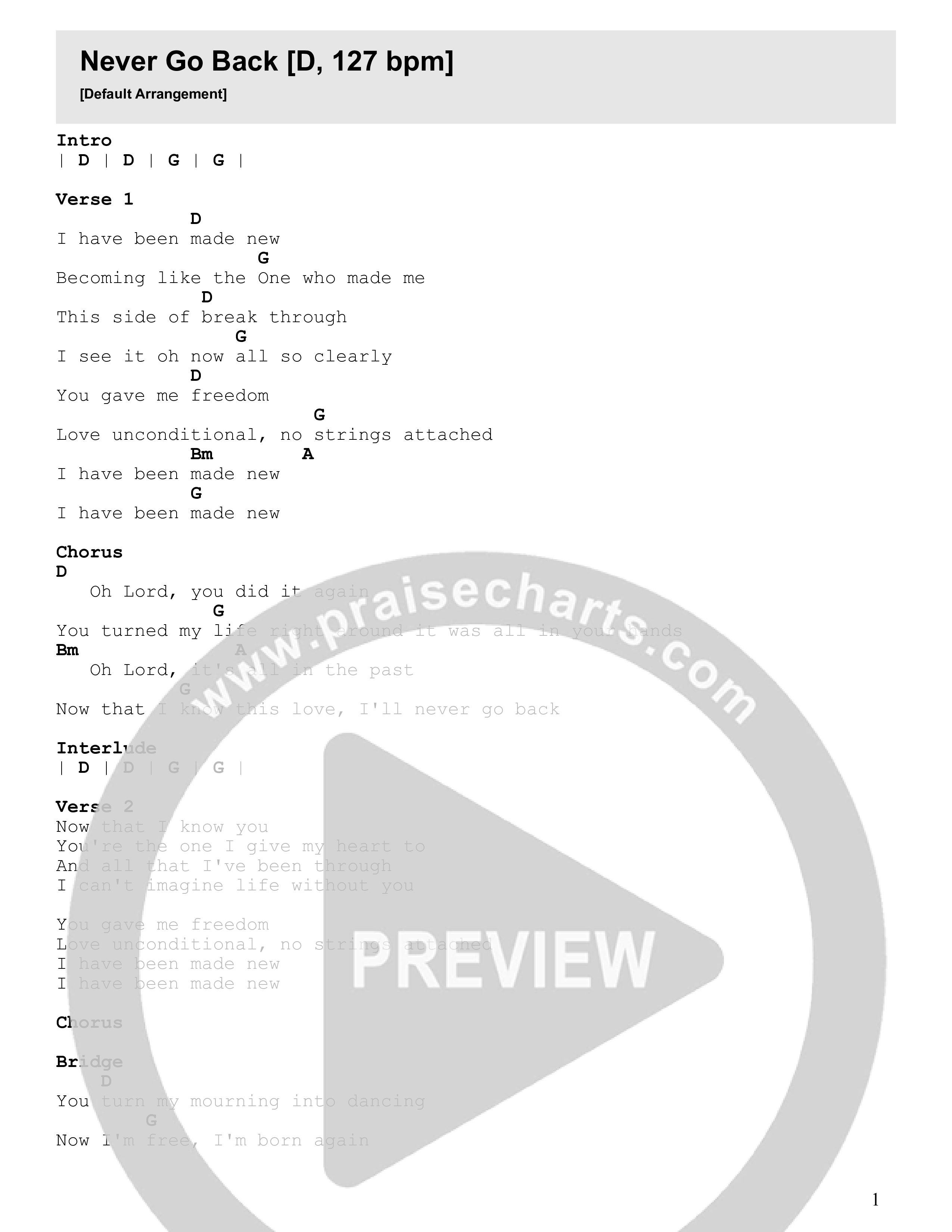 Never Go Back Chord Chart (Rockharbor)
