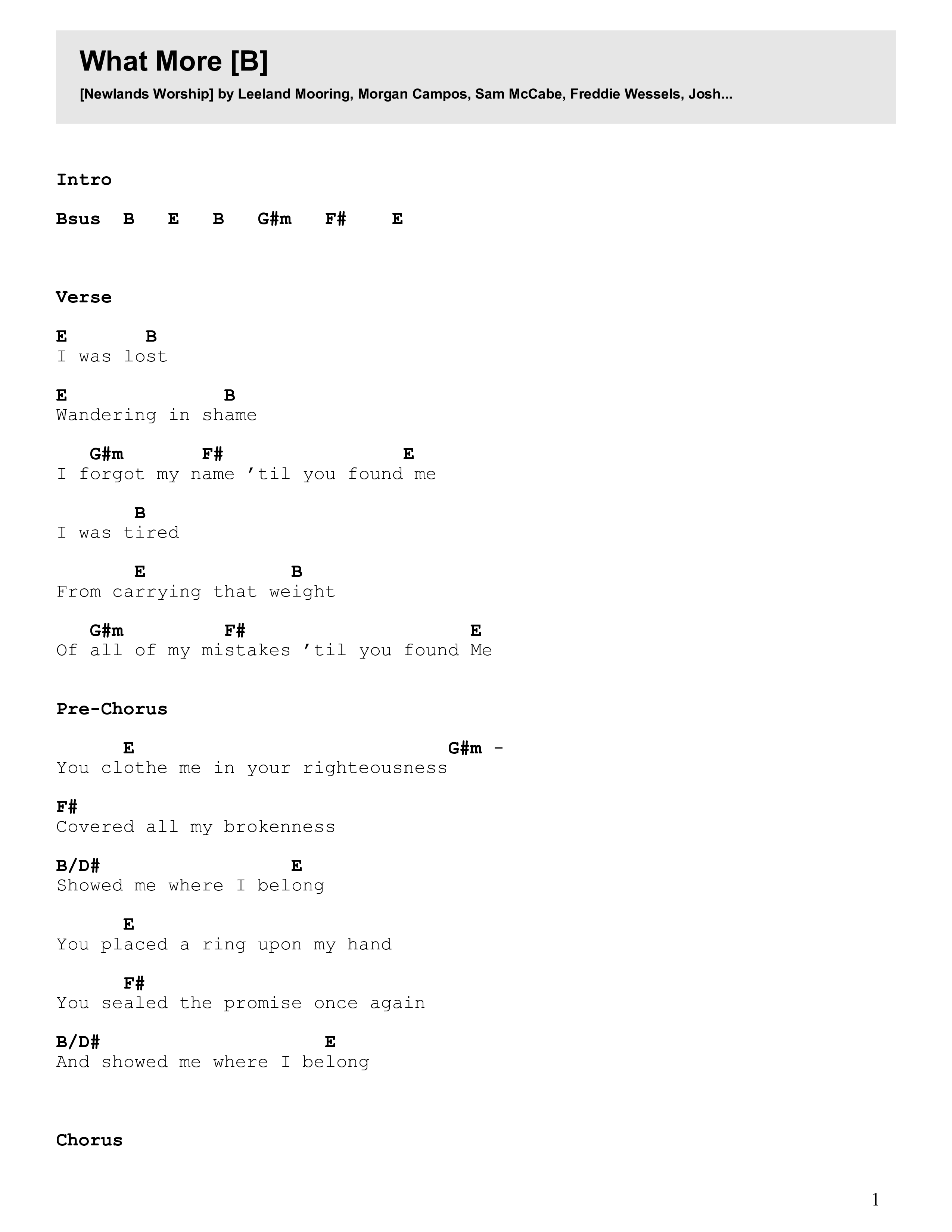 What More (Live) Chord Chart (Newlands Worship / Leeland)