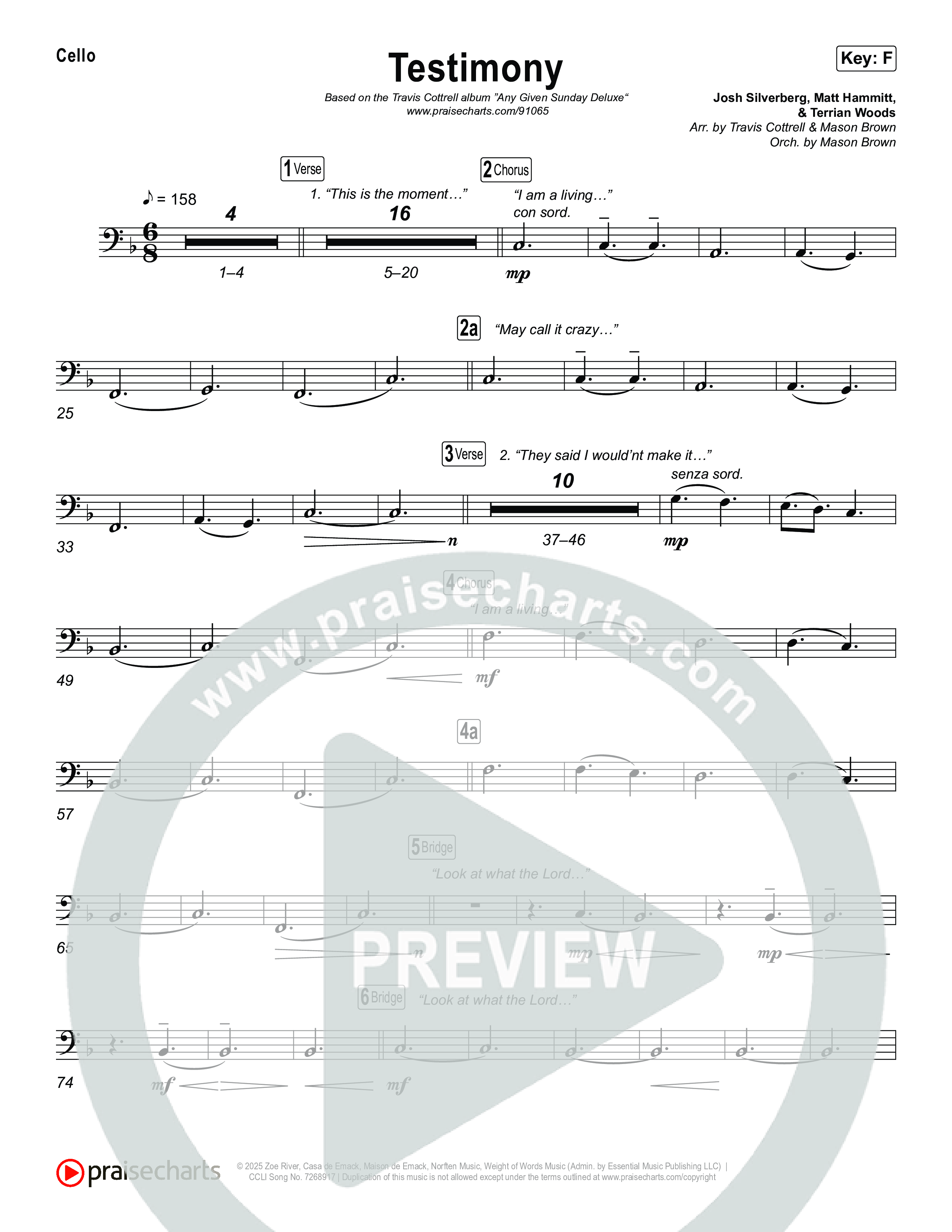 Testimony (Choral/SATB) Cello (Travis Cottrell / Cheryl Stark / Arr. Mason Brown)