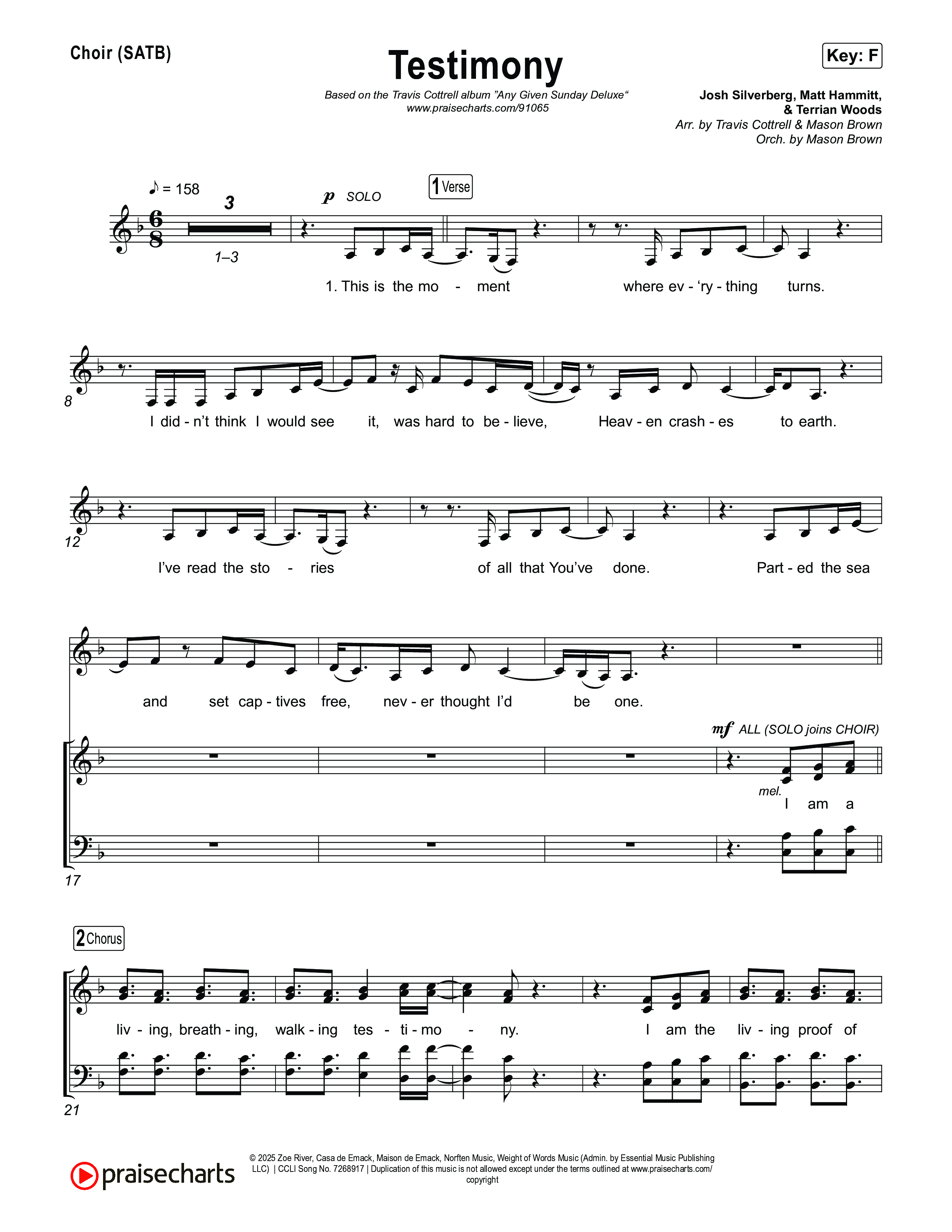 Testimony (Choral/SATB) Choir Sheet (SATB) (Travis Cottrell / Cheryl Stark / Arr. Mason Brown)