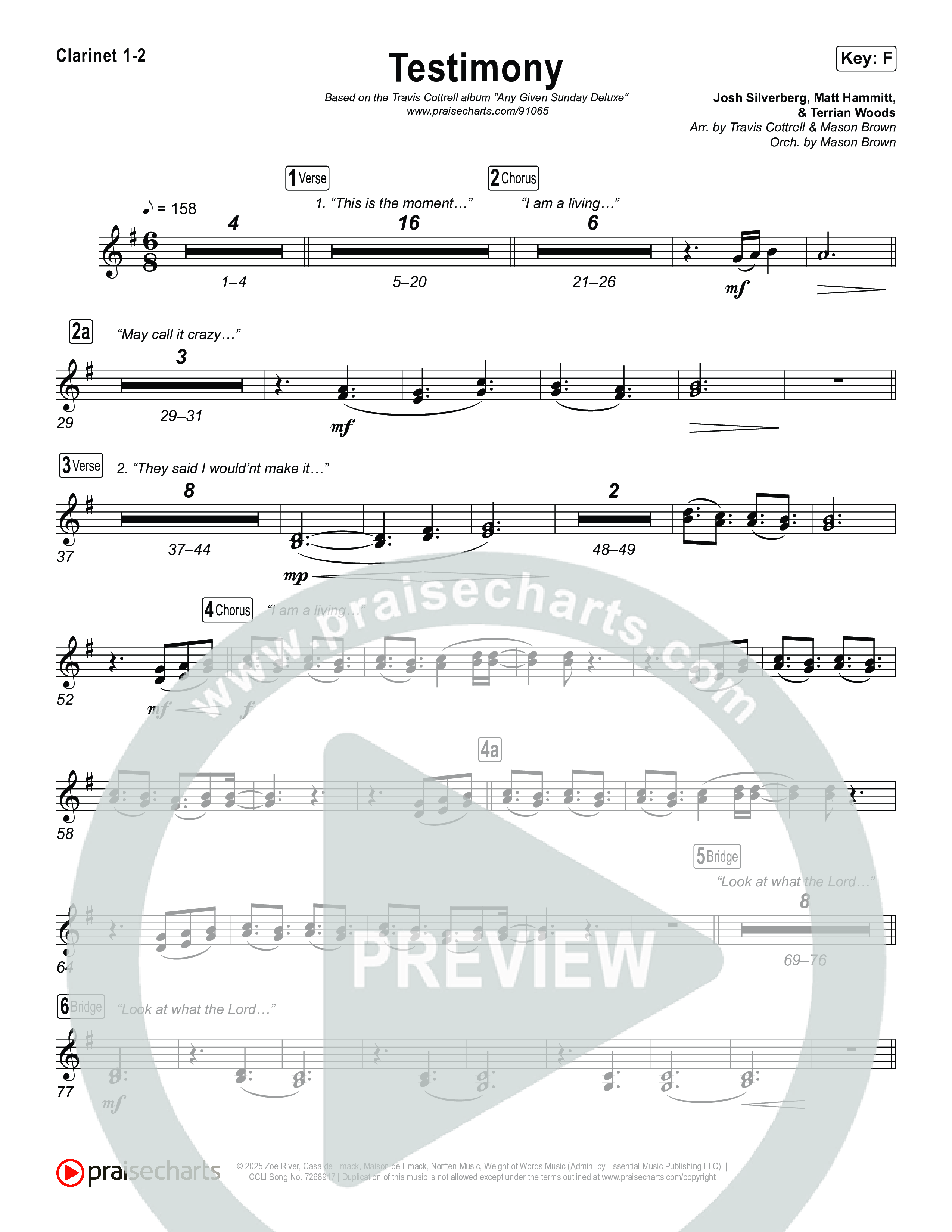 Testimony (Choral/SATB) Clarinet 1,2 (Travis Cottrell / Cheryl Stark / Arr. Mason Brown)