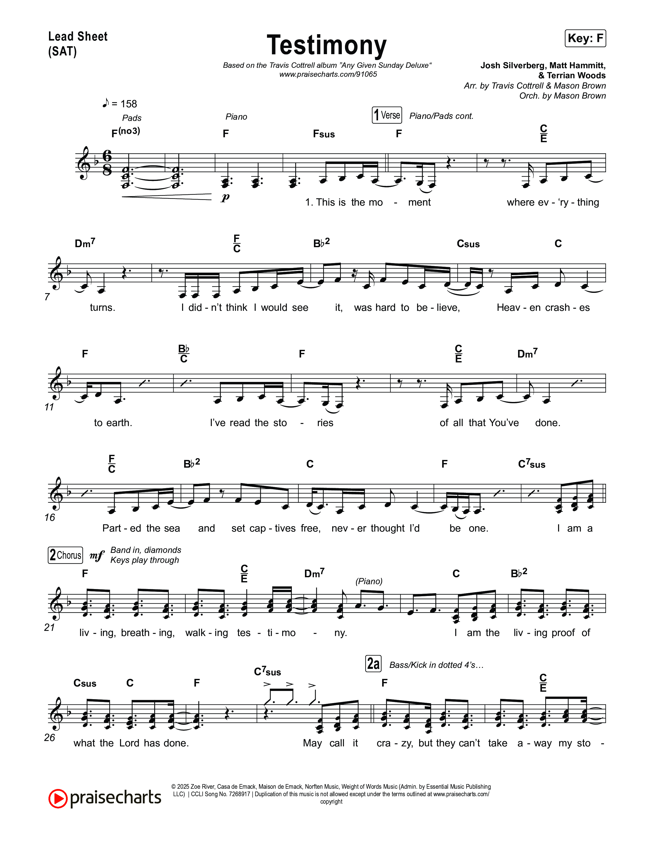 Testimony (Choral/SATB) Lead Sheet (SAT) (Travis Cottrell / Cheryl Stark / Arr. Mason Brown)