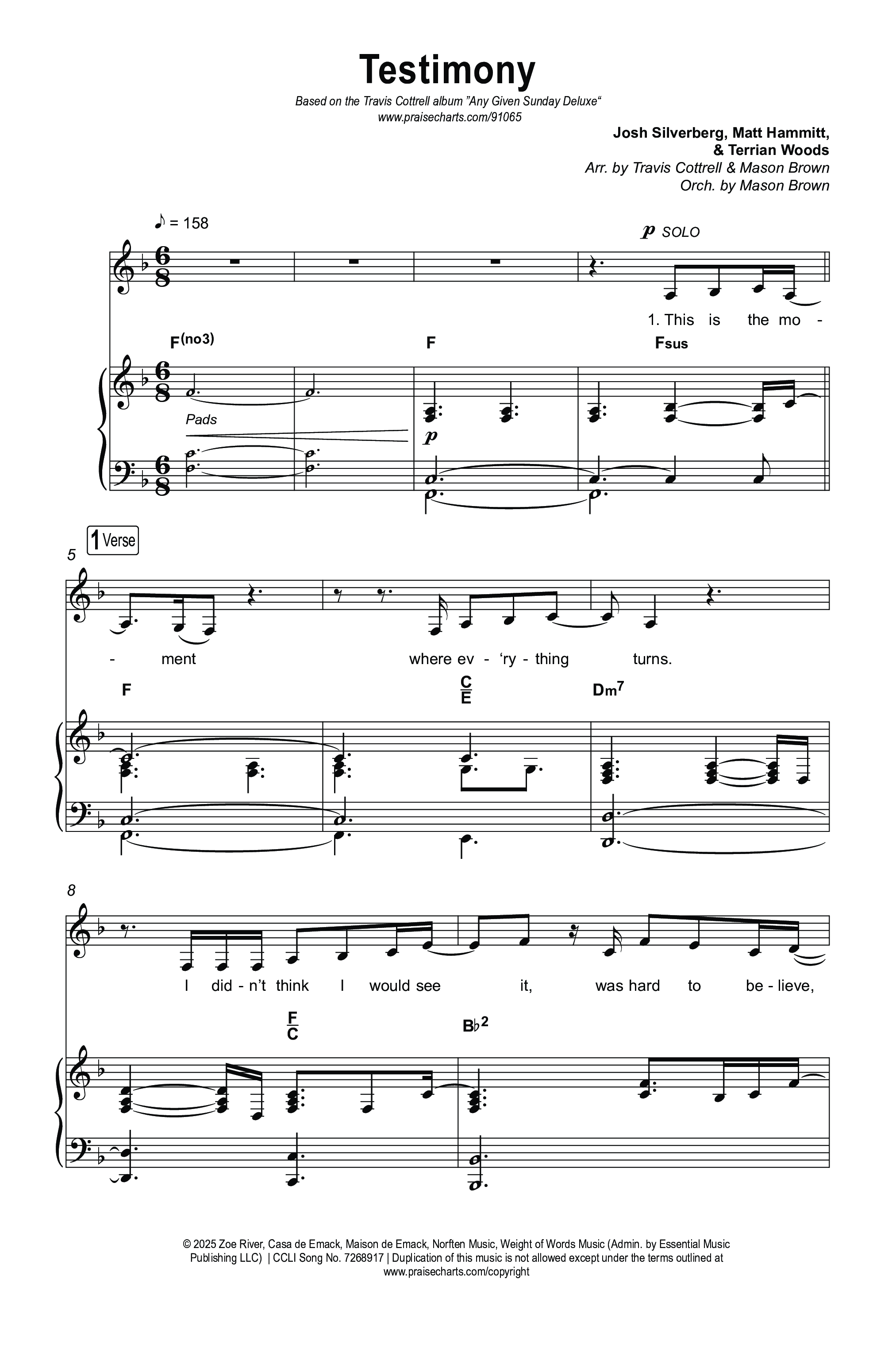 Testimony (Choral/SATB) Octavo (SATB & Pno) (Travis Cottrell / Cheryl Stark / Arr. Mason Brown)
