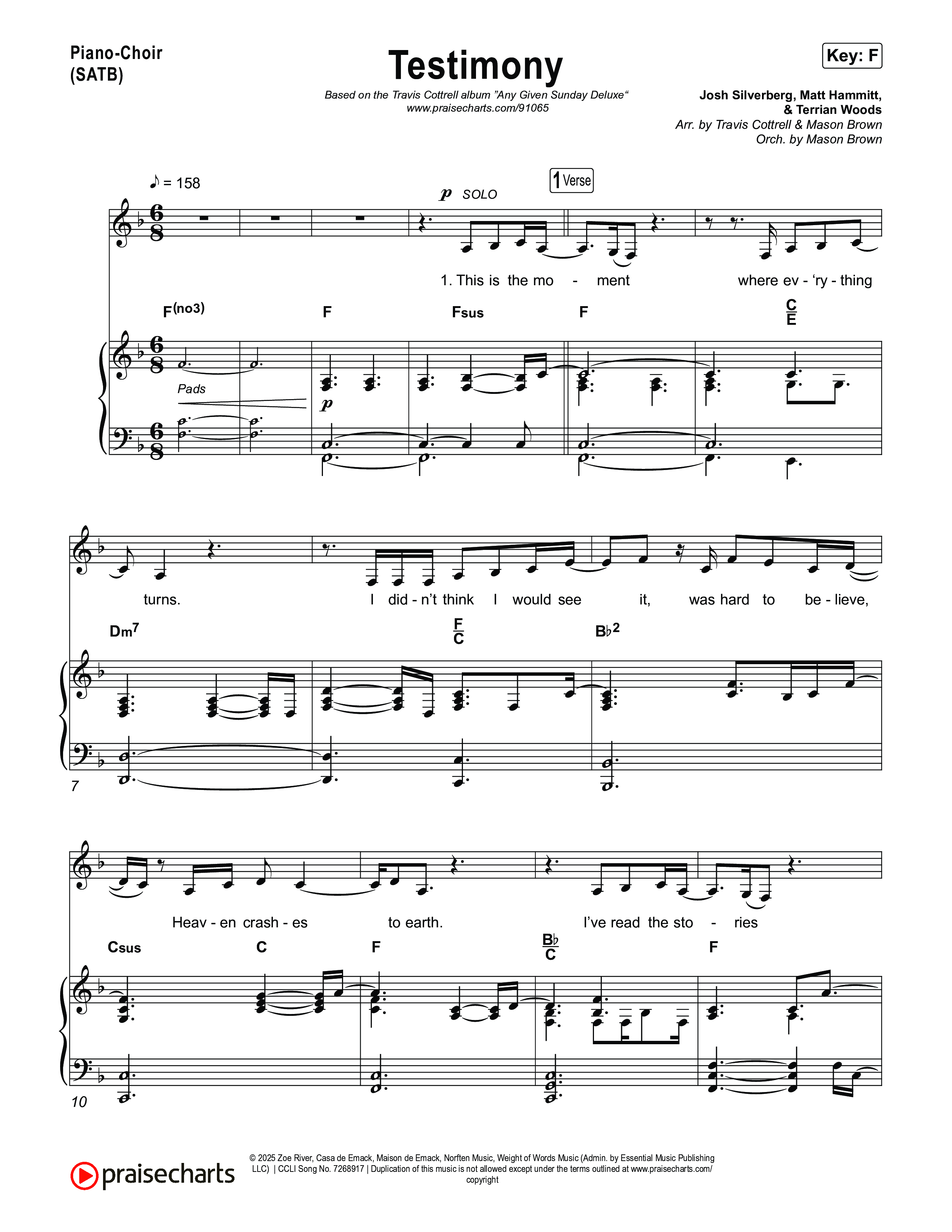 Testimony (Choral/SATB) Piano/Vocal (SATB) (Travis Cottrell / Cheryl Stark / Arr. Mason Brown)