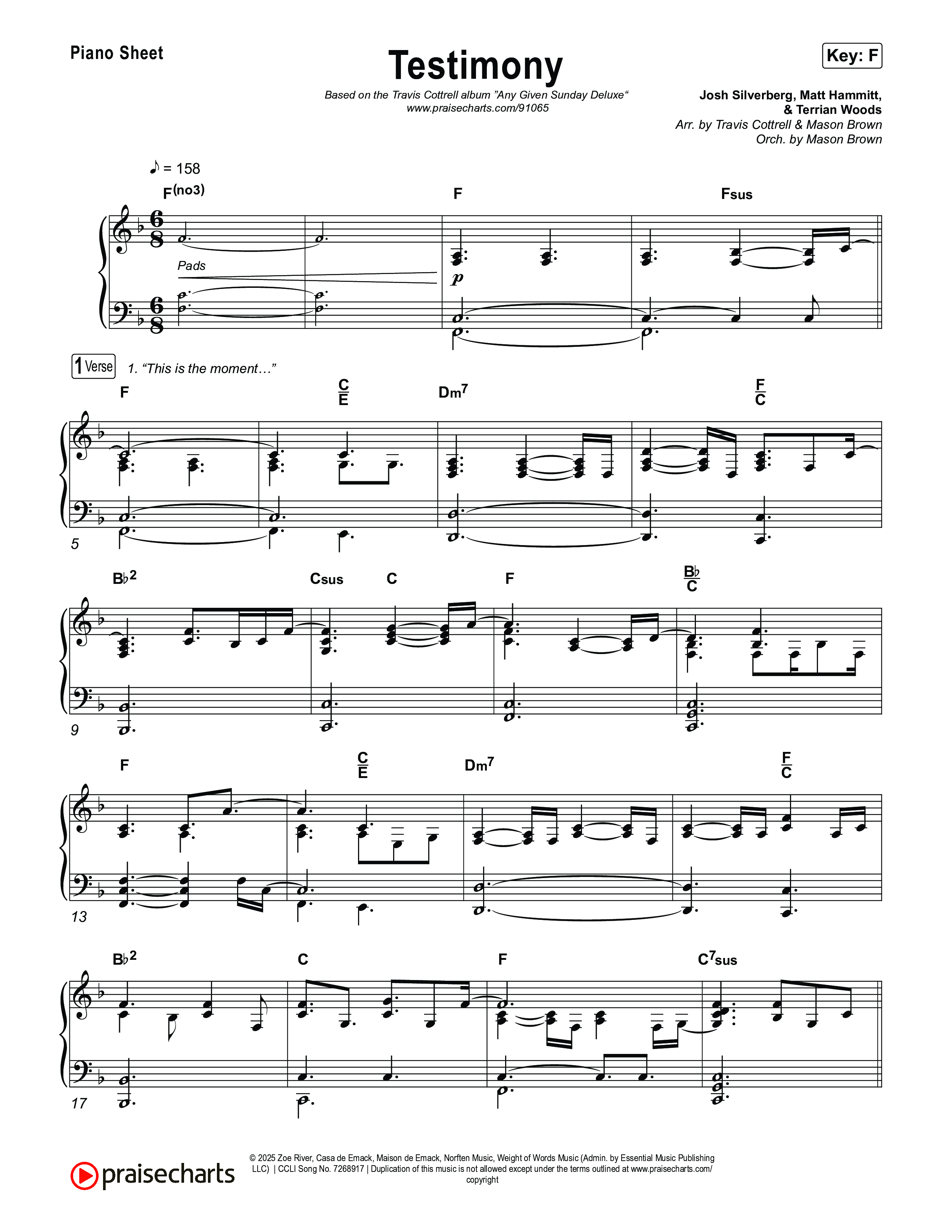 Testimony (Choral/SATB) Piano Sheet (Travis Cottrell / Cheryl Stark / Arr. Mason Brown)