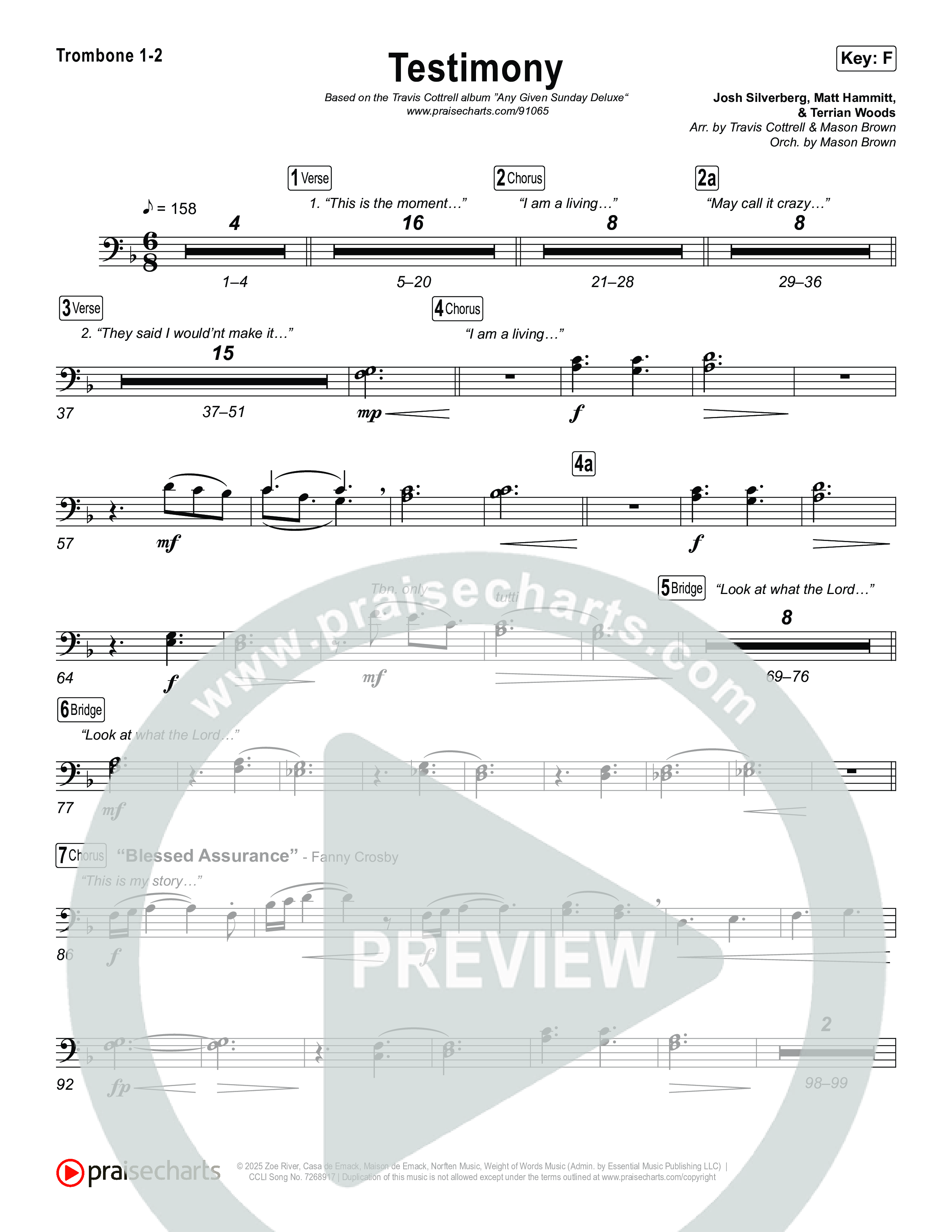 Testimony (Choral/SATB) Trombone 1,2 (Travis Cottrell / Cheryl Stark / Arr. Mason Brown)