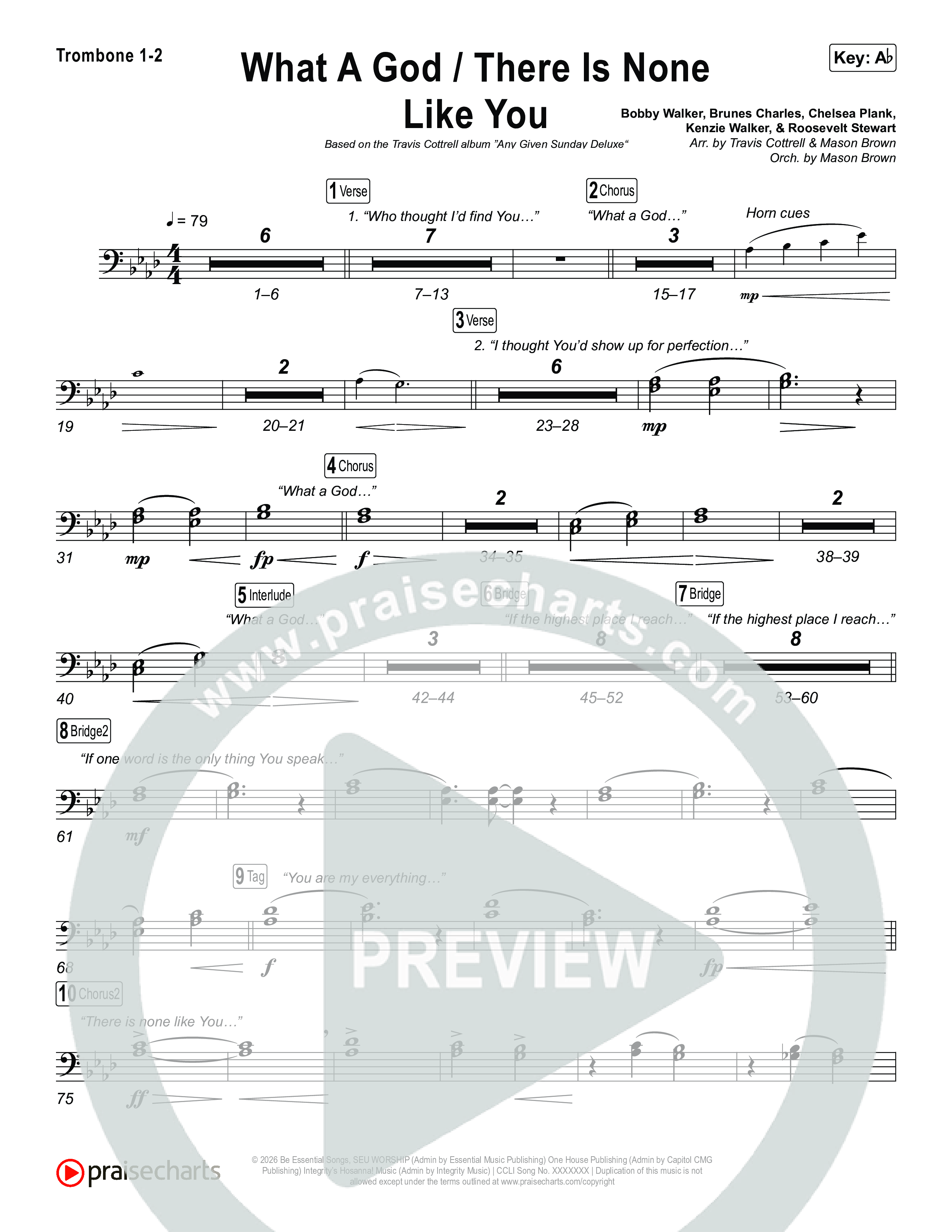 What A God / There Is None Like You (Choral/SATB) Trombone 1,2 (Travis Cottrell / Brooke Voland / Arr. Mason Brown)